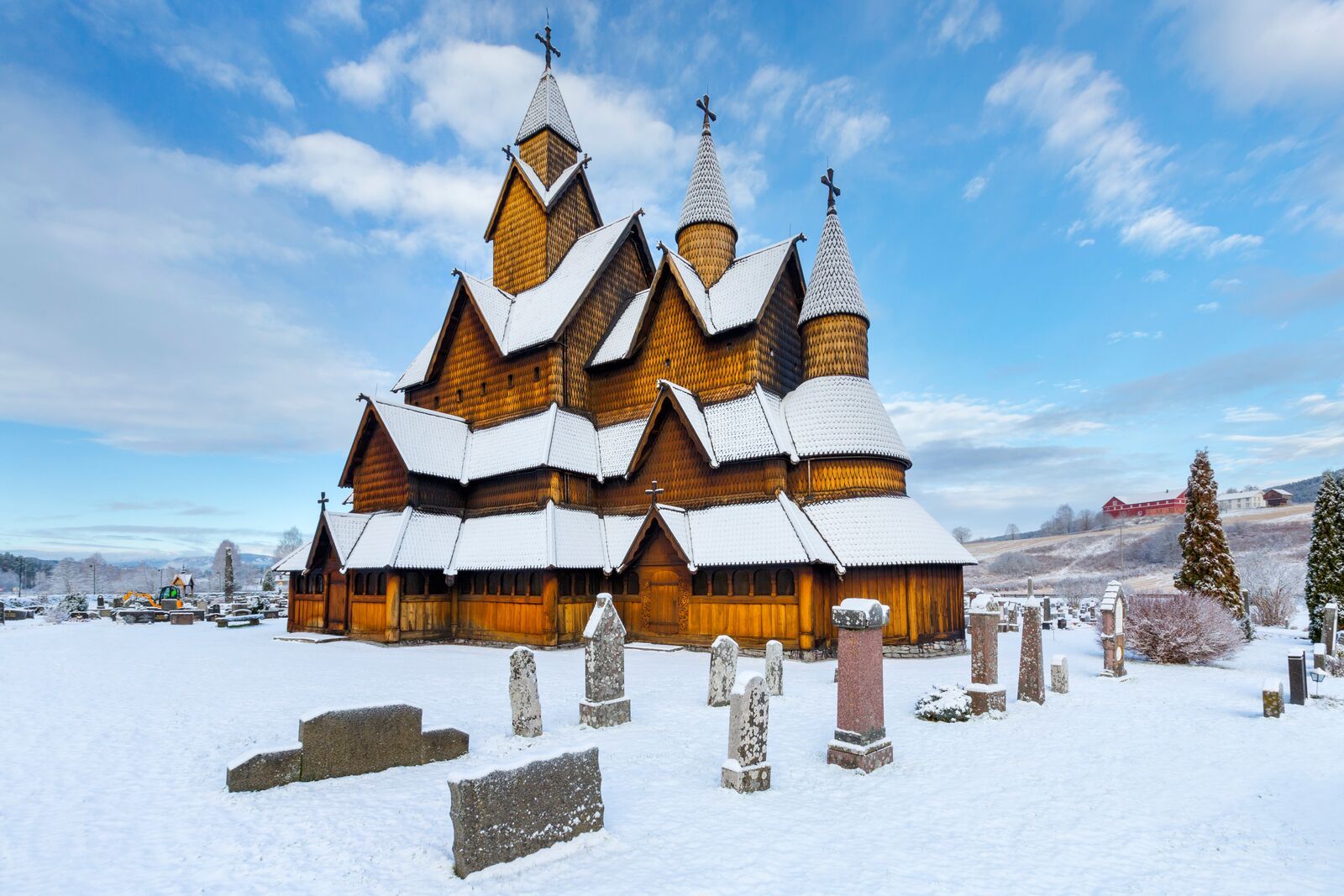 Heddal stave church coverd by snow in the winter