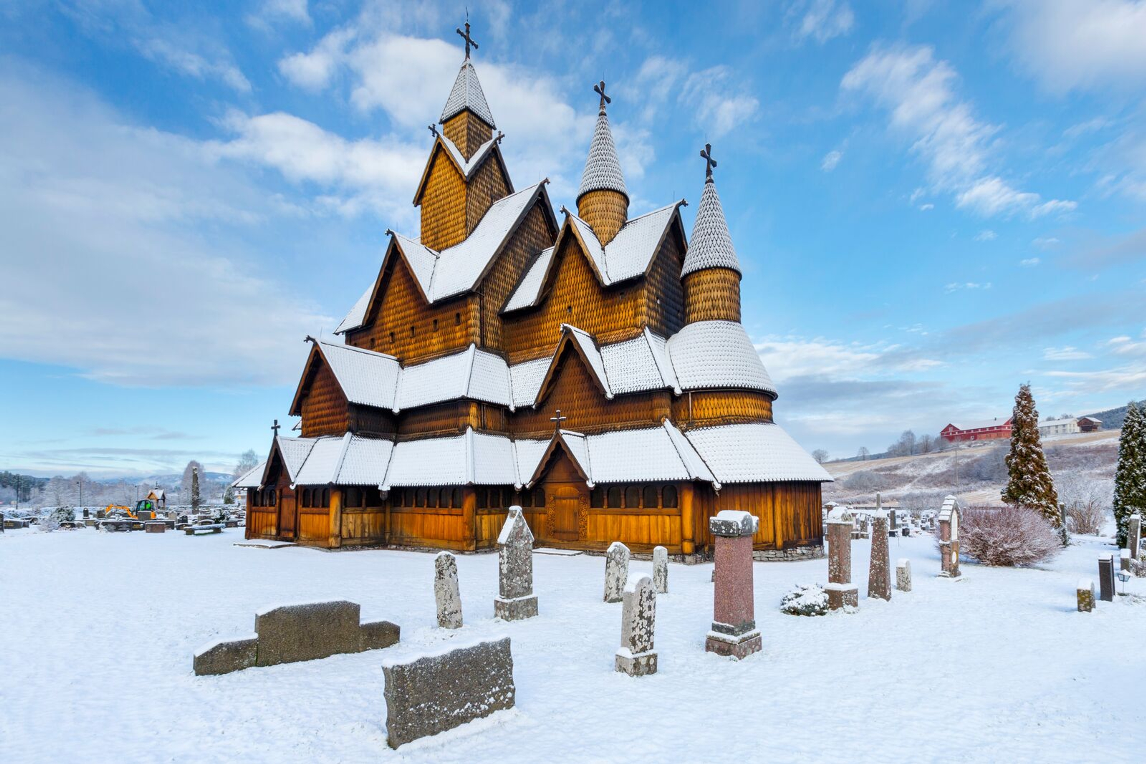 Heddal stave church coverd by snow in the winter