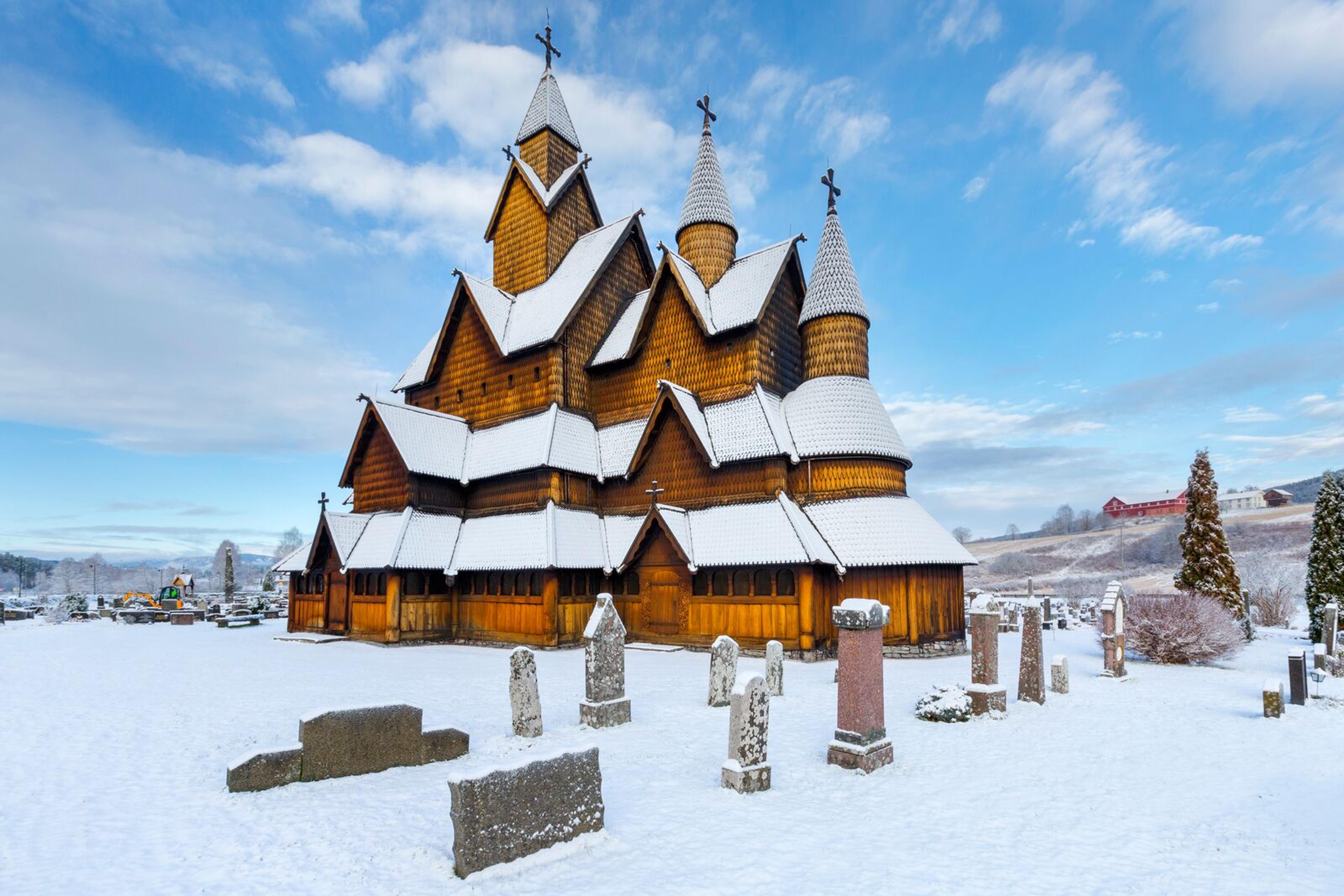 Heddal stave church coverd by snow in the winter
