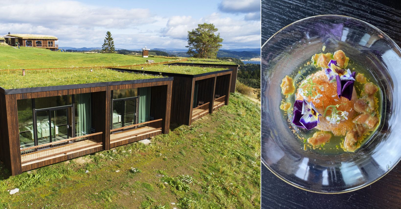 Exterior and food at Øyna Kulturlandskapshotell (cultural landscape hotel) at Inderøy