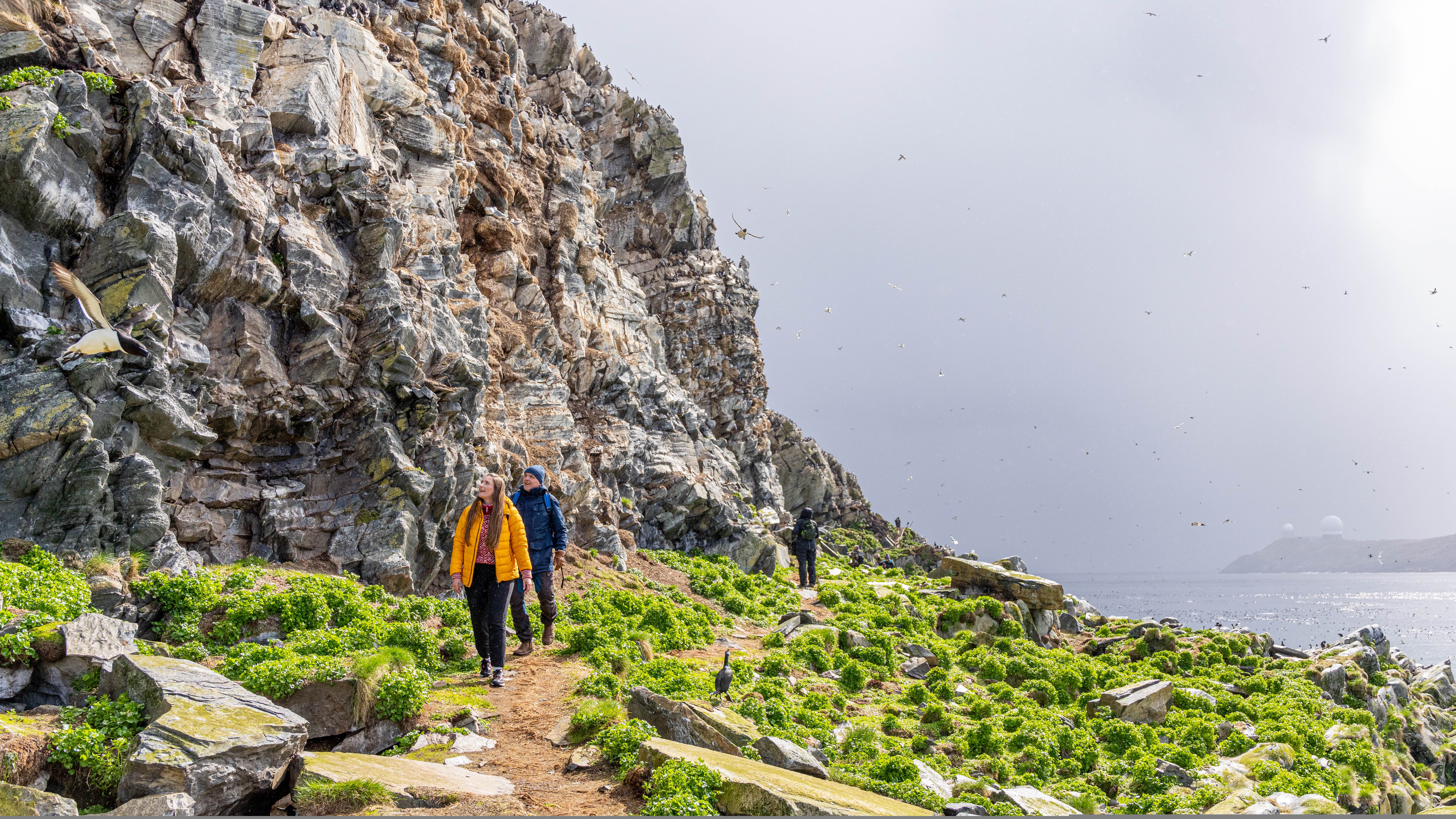 People birdwatching at Hornøya outside of Vardø in Varanger, Northern Norway