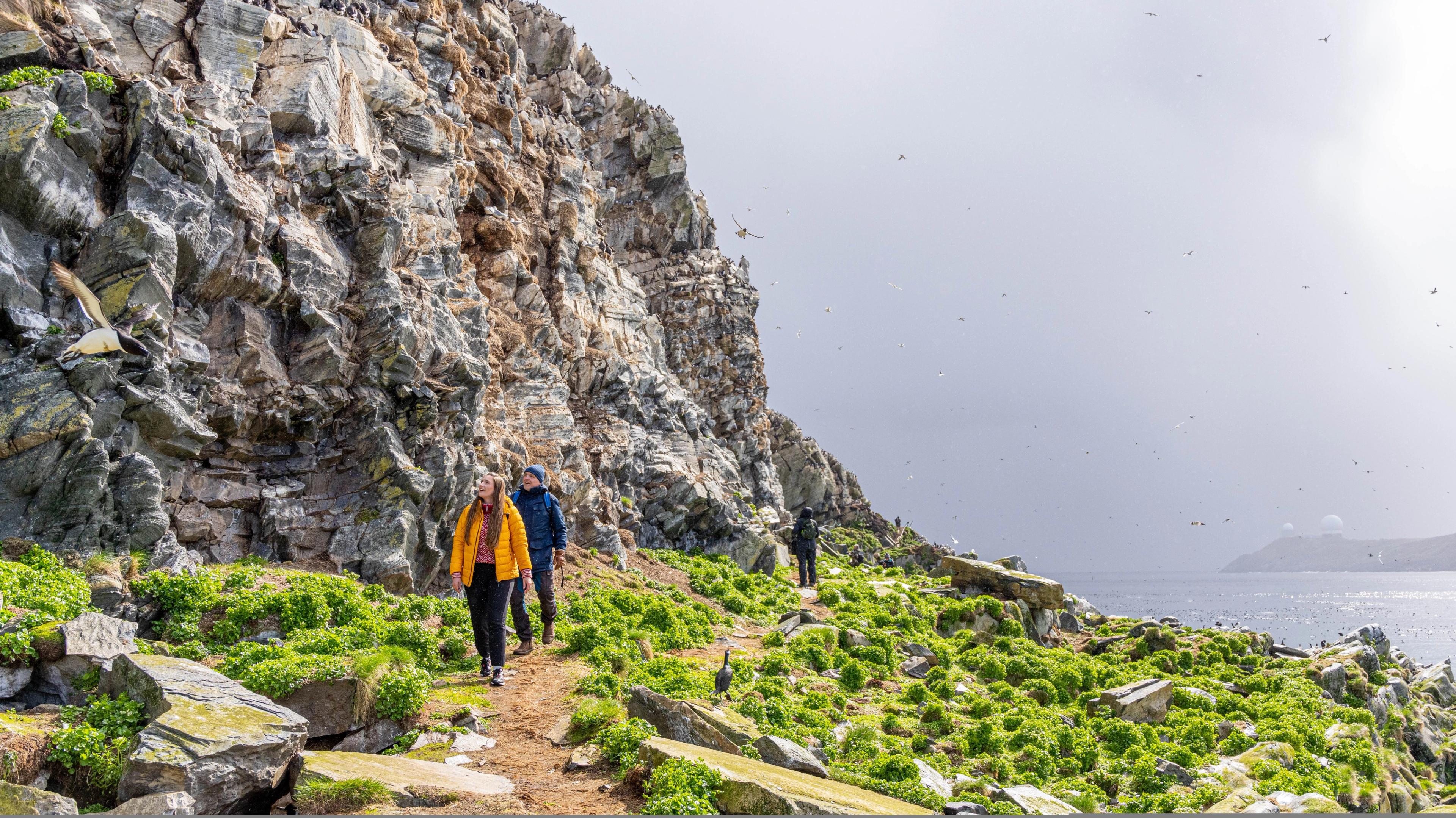 People birdwatching at Hornøya outside of Vardø in Varanger, Northern Norway