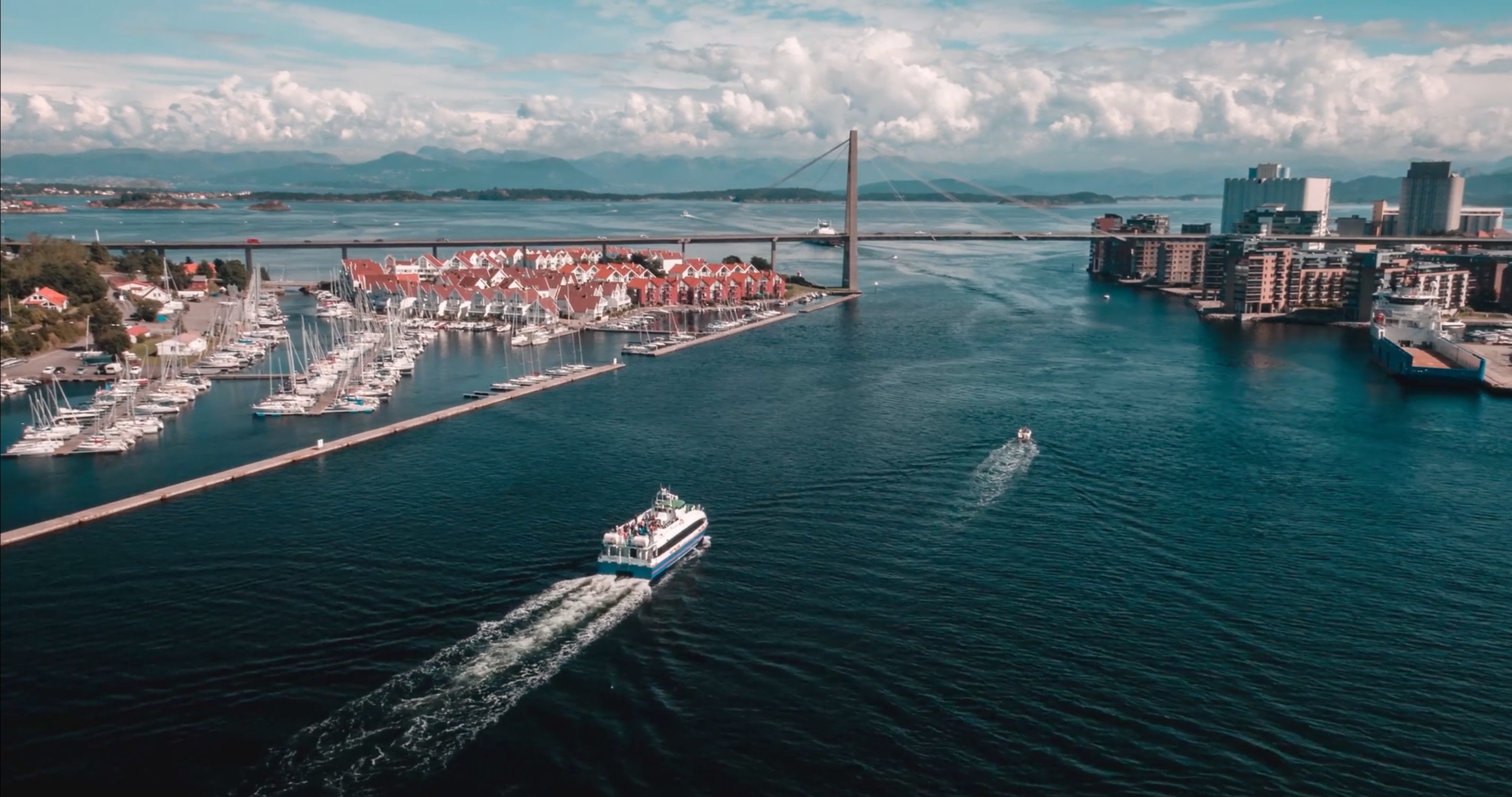A ferry sailing towards Stavanger city centre in Fjord Norway