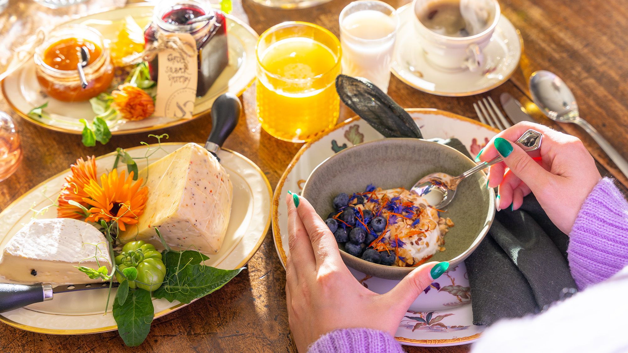 Cheeses, juice and a very nice breakfast.
