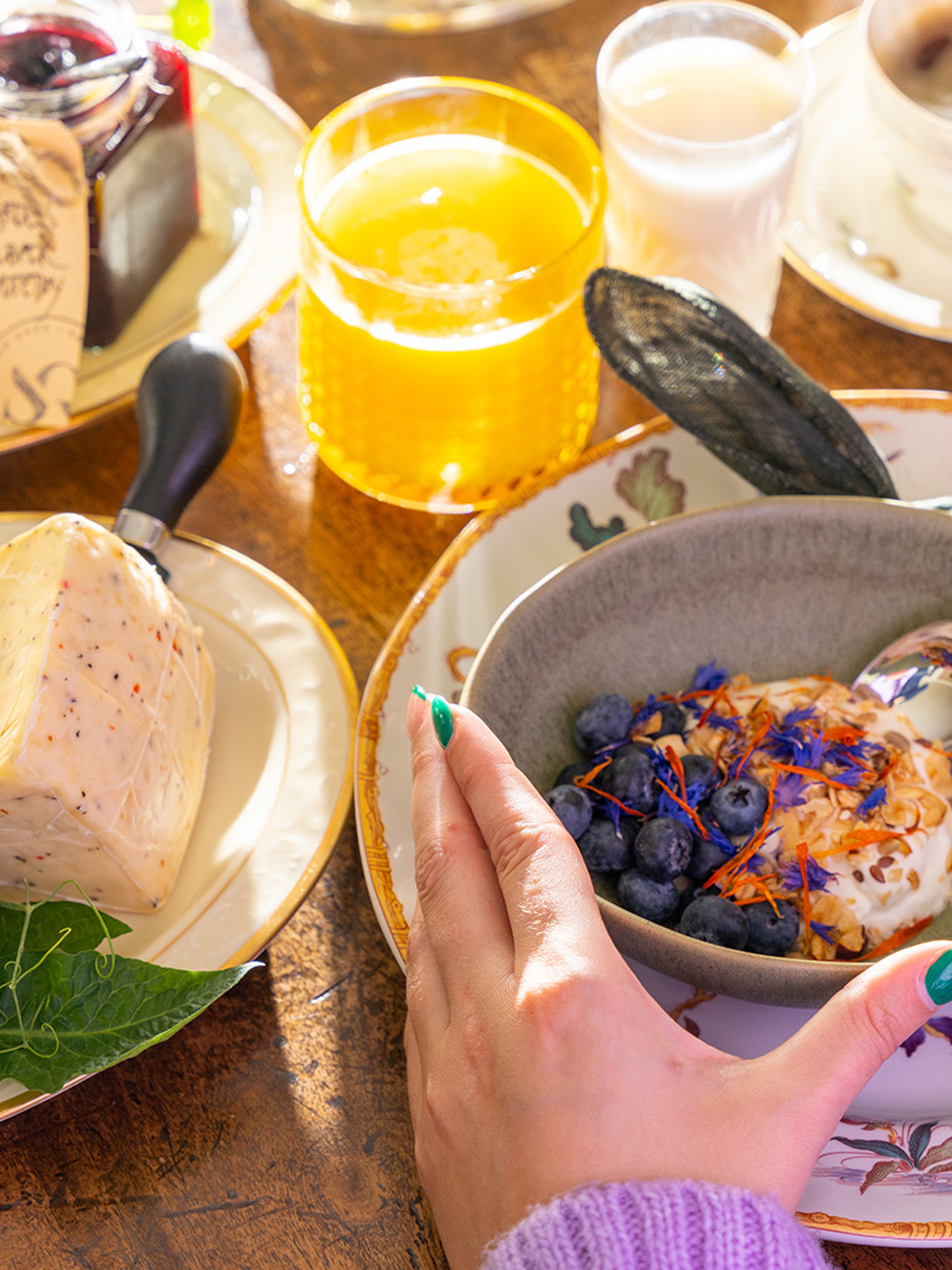 Cheeses, juice and a very nice breakfast.