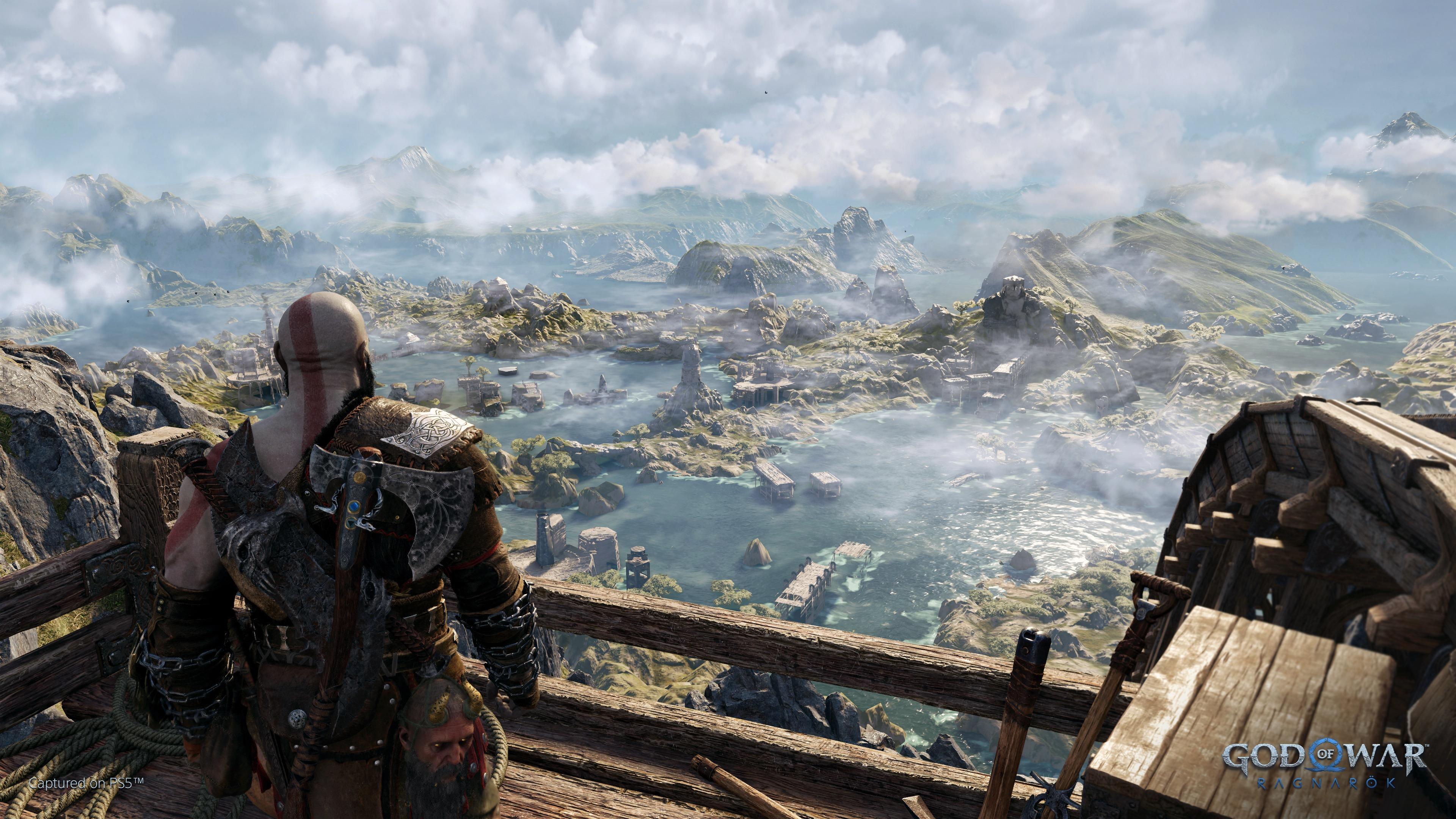 A picture from the game God of War Ragnarök, with a view over the Scandinavian inspired landscape