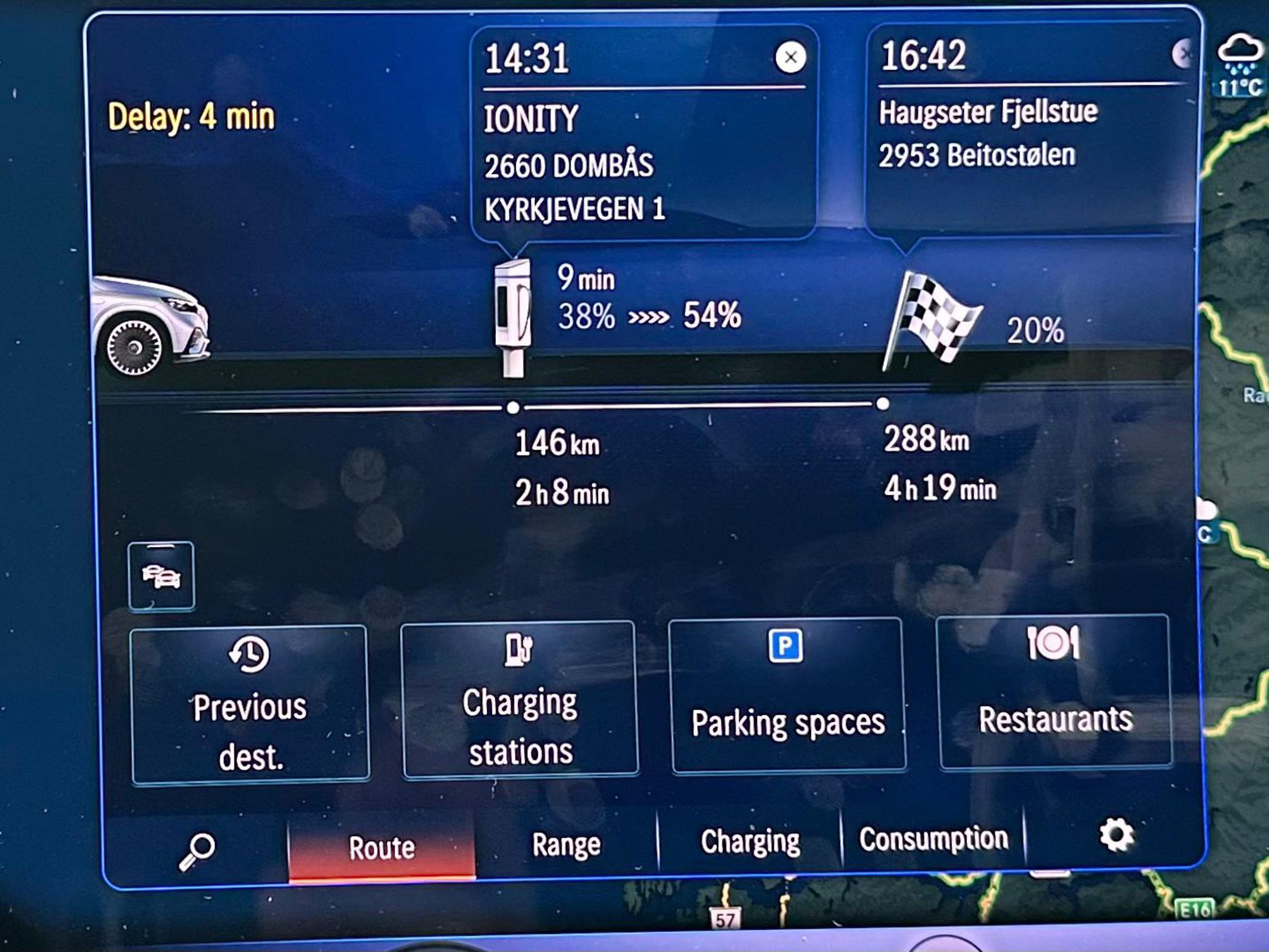 Electric car display showing possible charging points