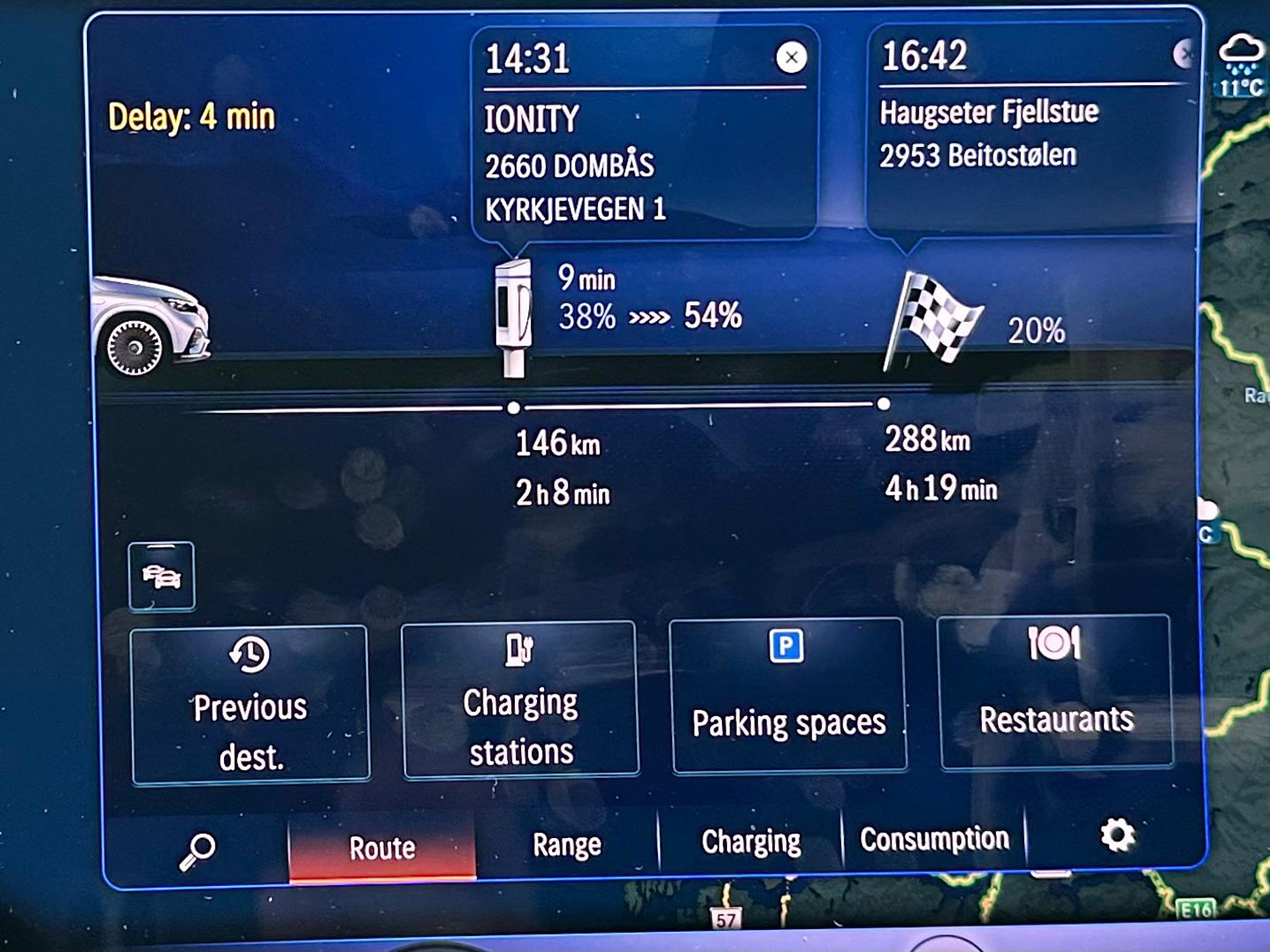 Electric car display showing possible charging points