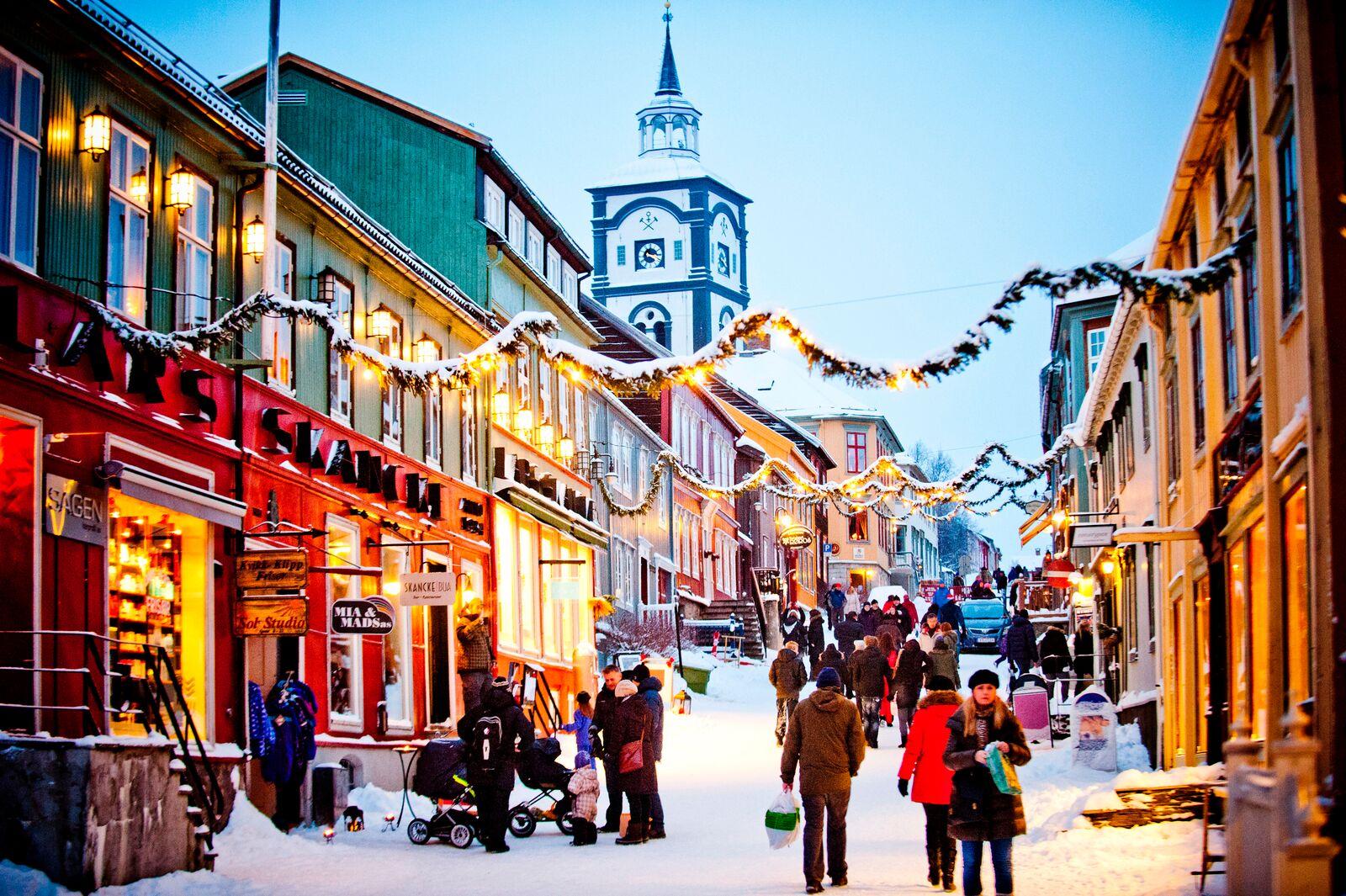 People walking in the Christmas street of Røros in Trøndelag