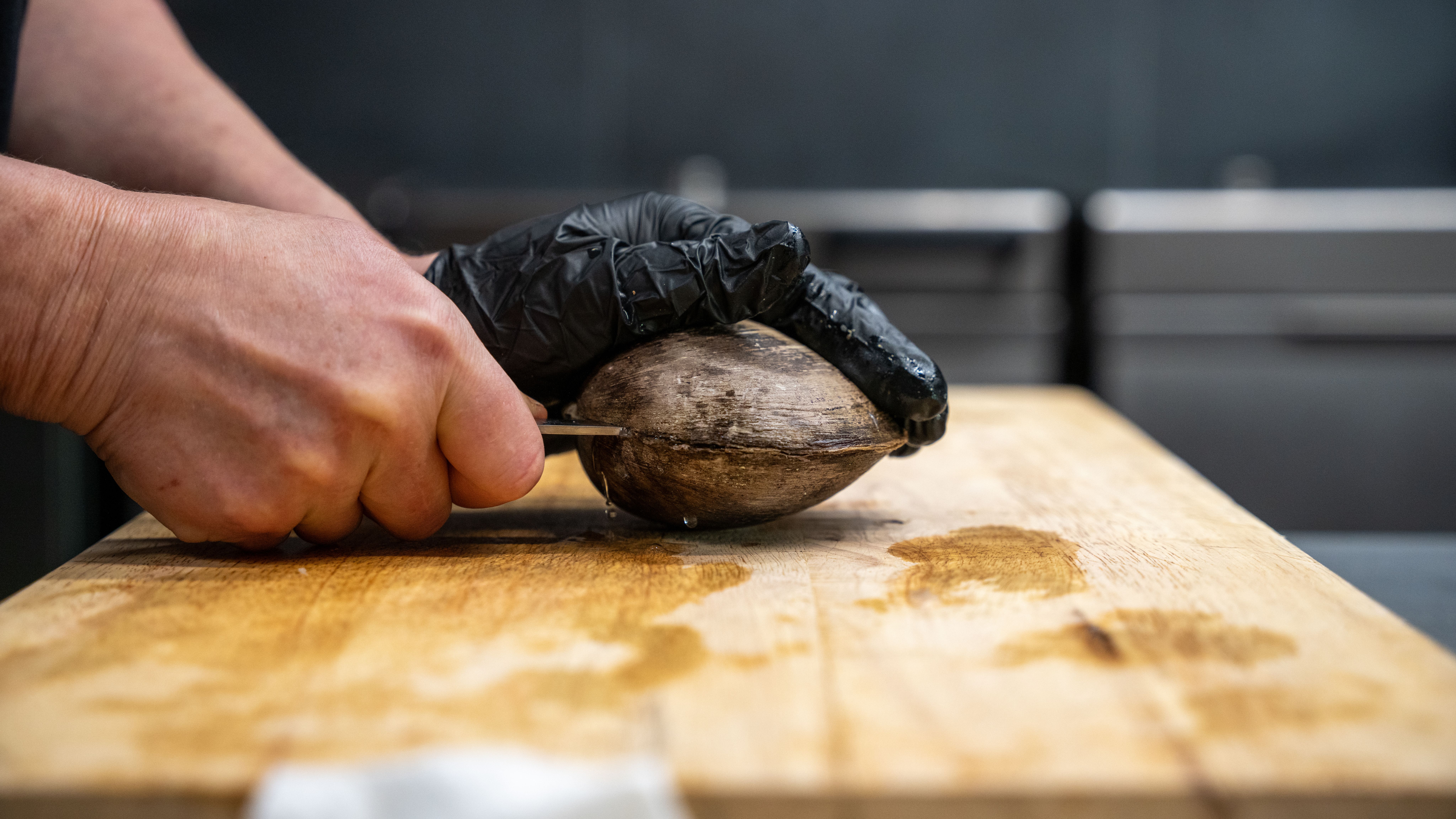 An Ocean quahog getting prepared in the kitchen of the Credo restaurant at The National Library in Oslo.