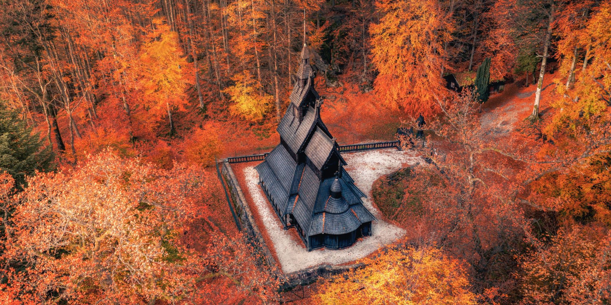 Fantoft stave church in Bergen seen in autumn
