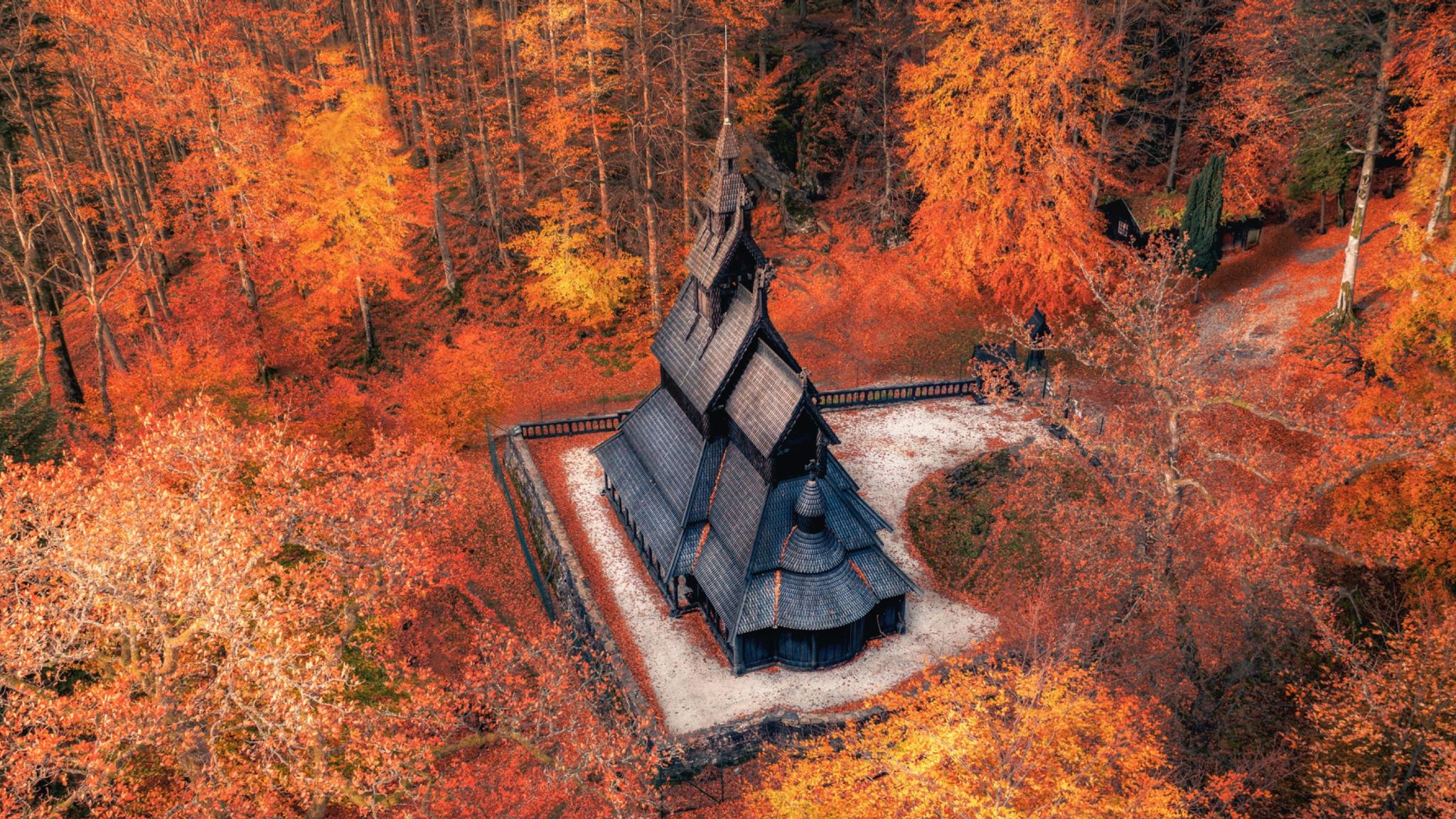 Fantoft stave church in Bergen seen in autumn