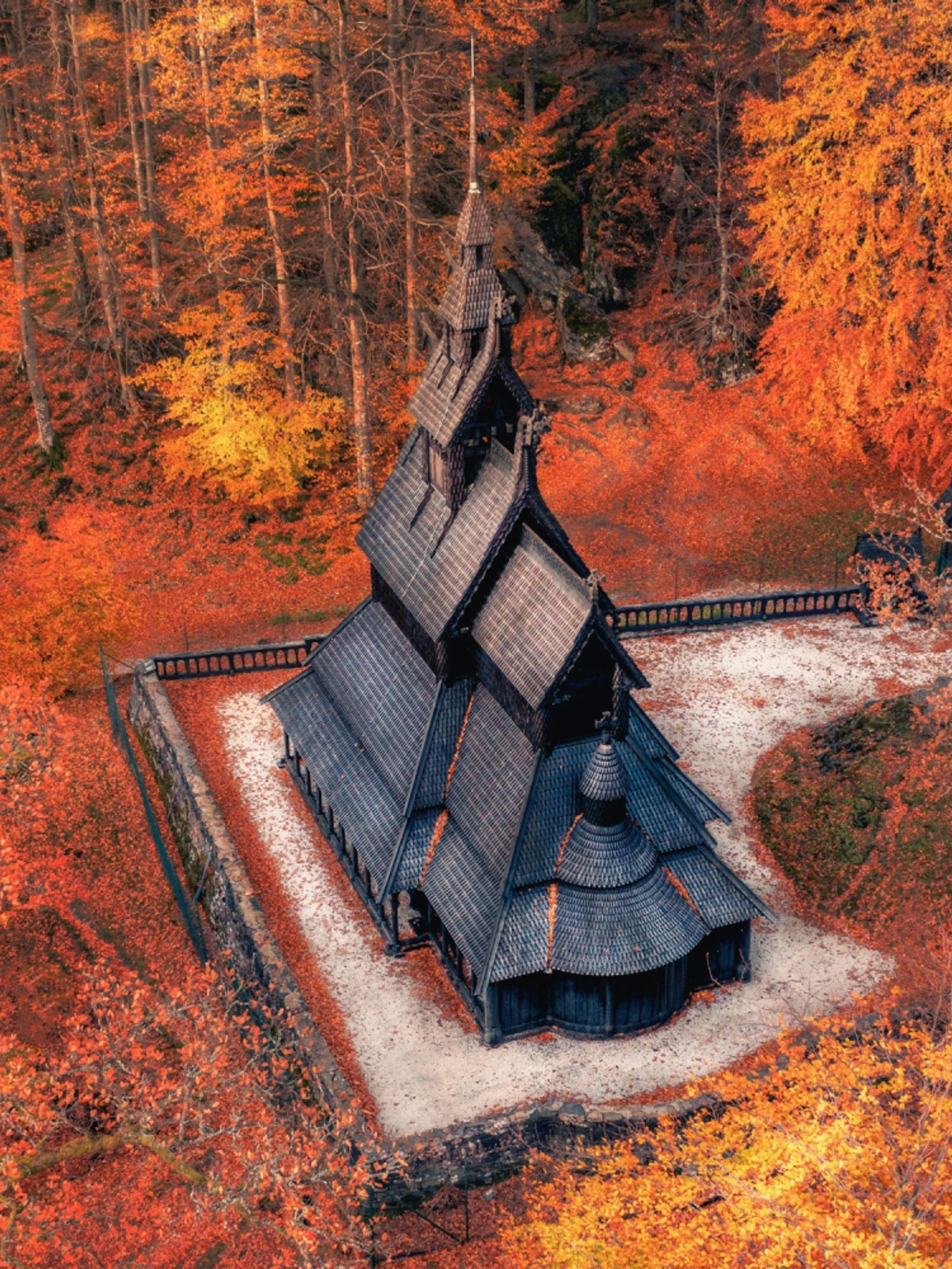 Fantoft stave church in Bergen seen in autumn