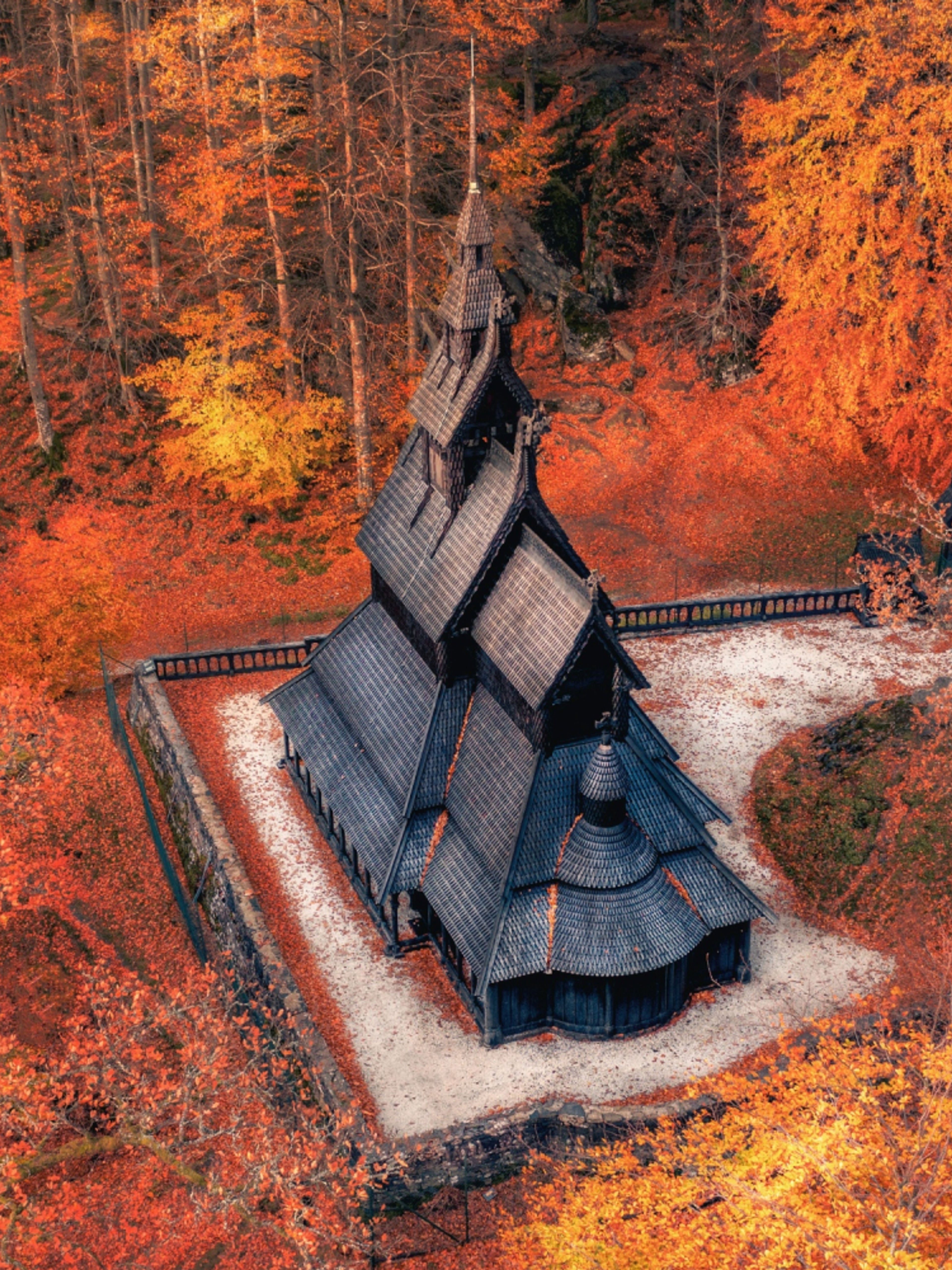 Fantoft stave church in Bergen seen in autumn