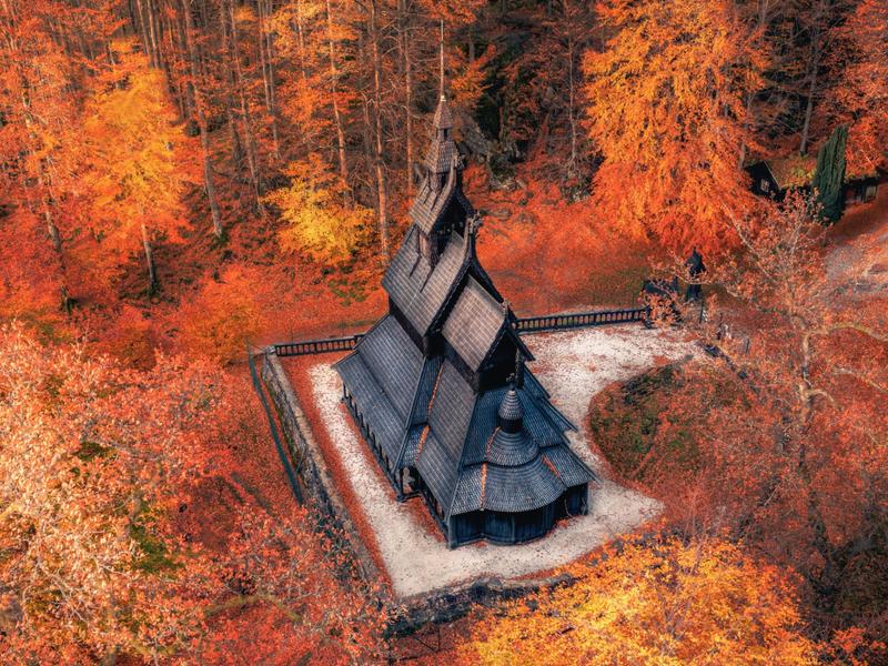 Fantoft stave church in Bergen seen in autumn