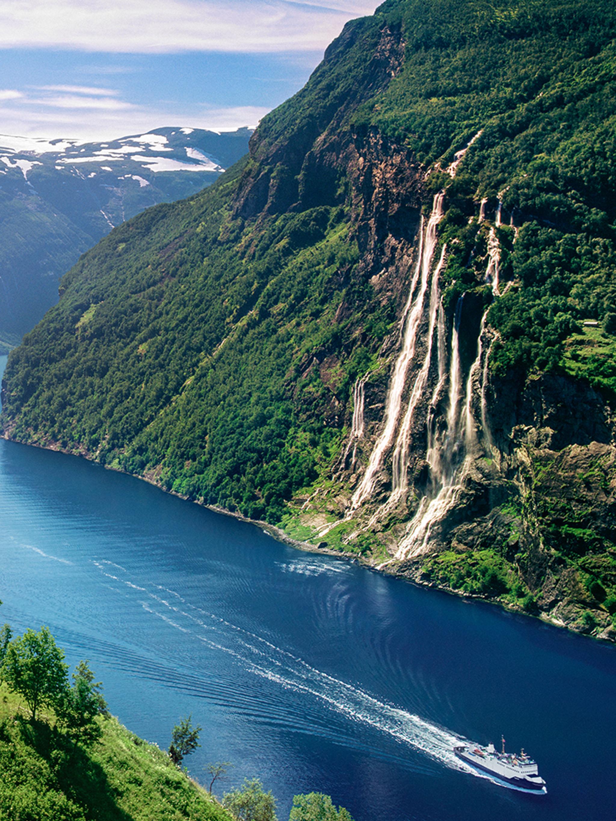 View over Geirangerfjord and the Seven Sisters waterfall