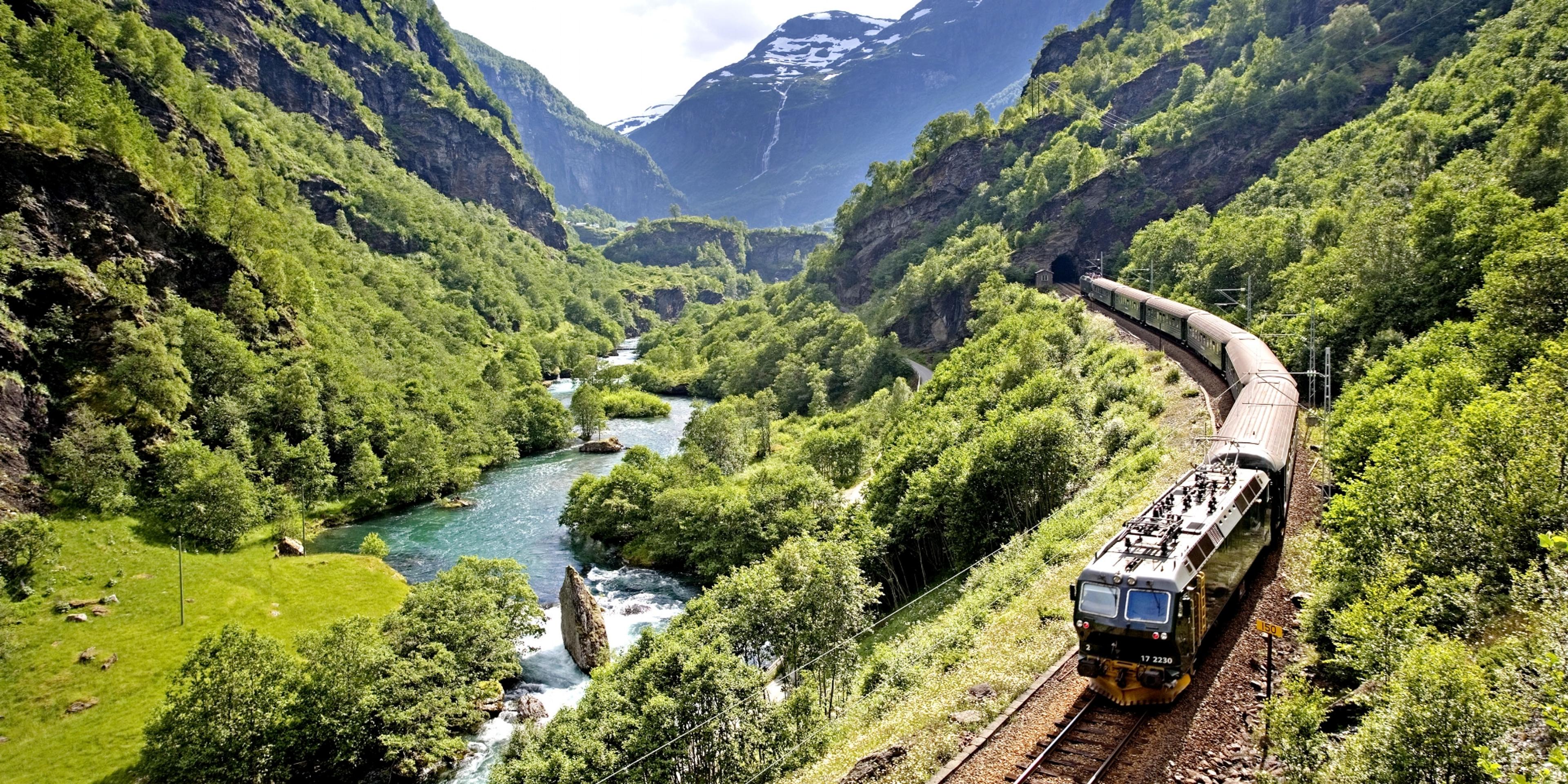 Et tog kjører på Flåmsbana gjennom en grønn og frodig dal