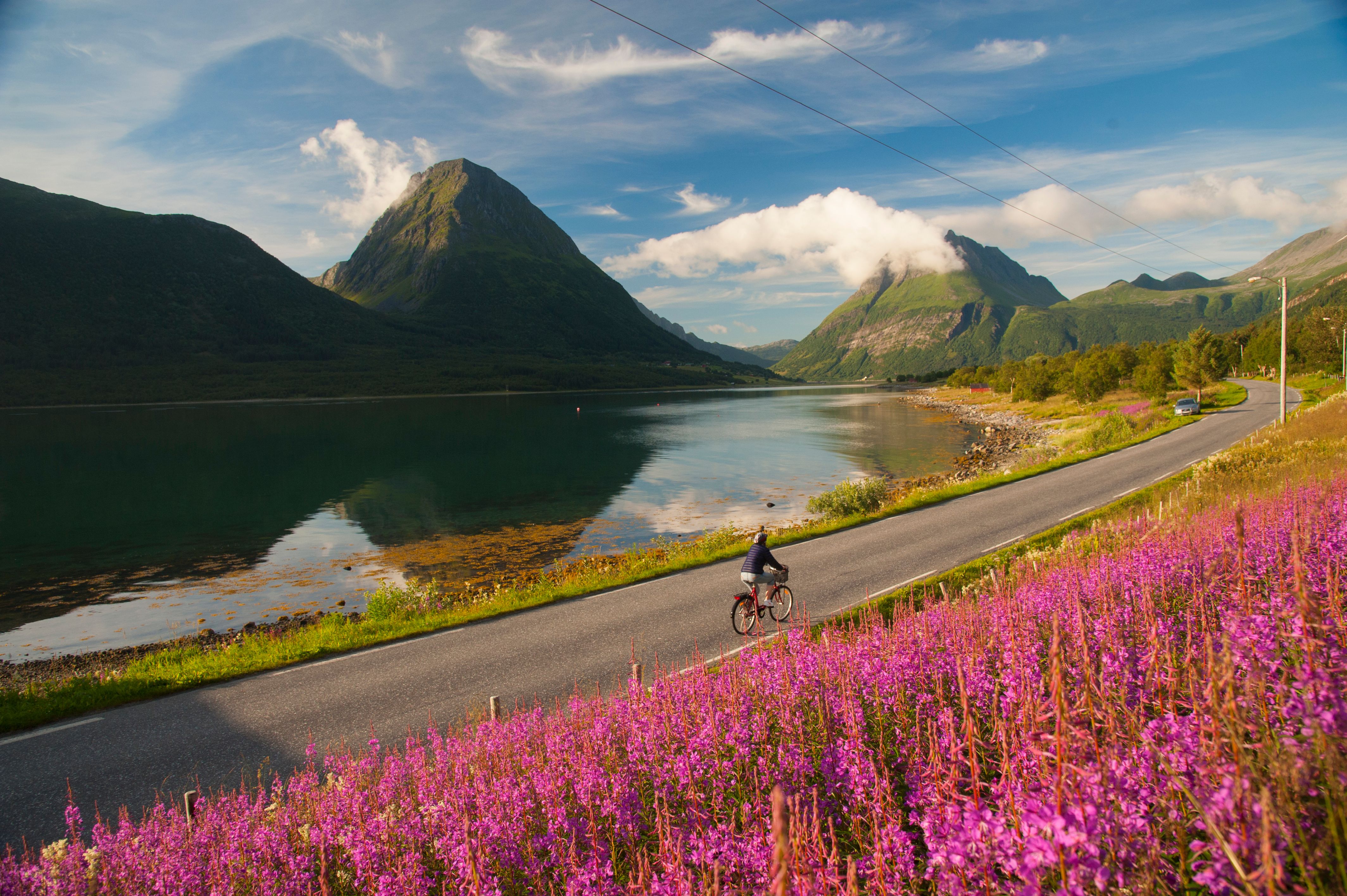Woman biking in Lurøy, Aldersund