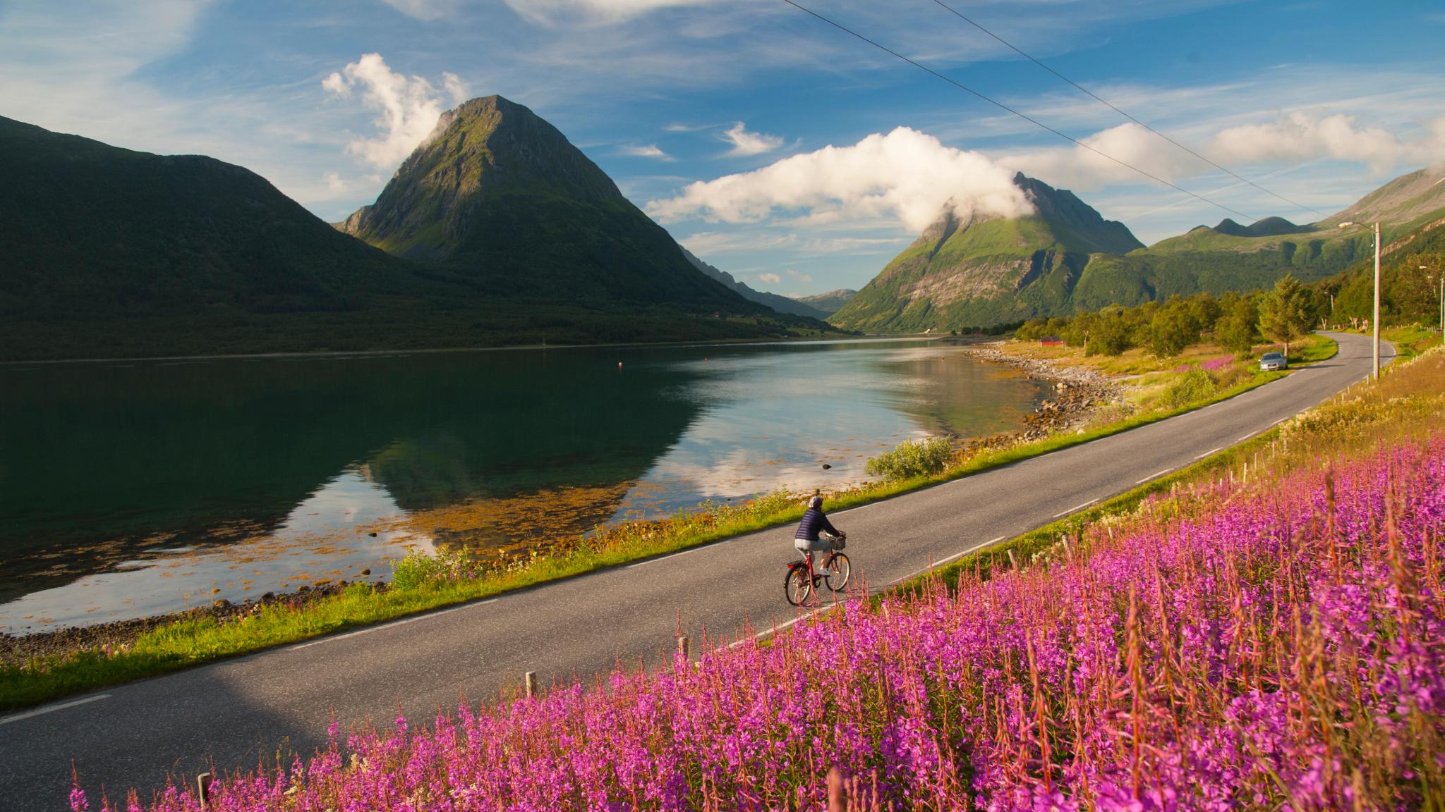 Woman biking in Lurøy, Aldersund