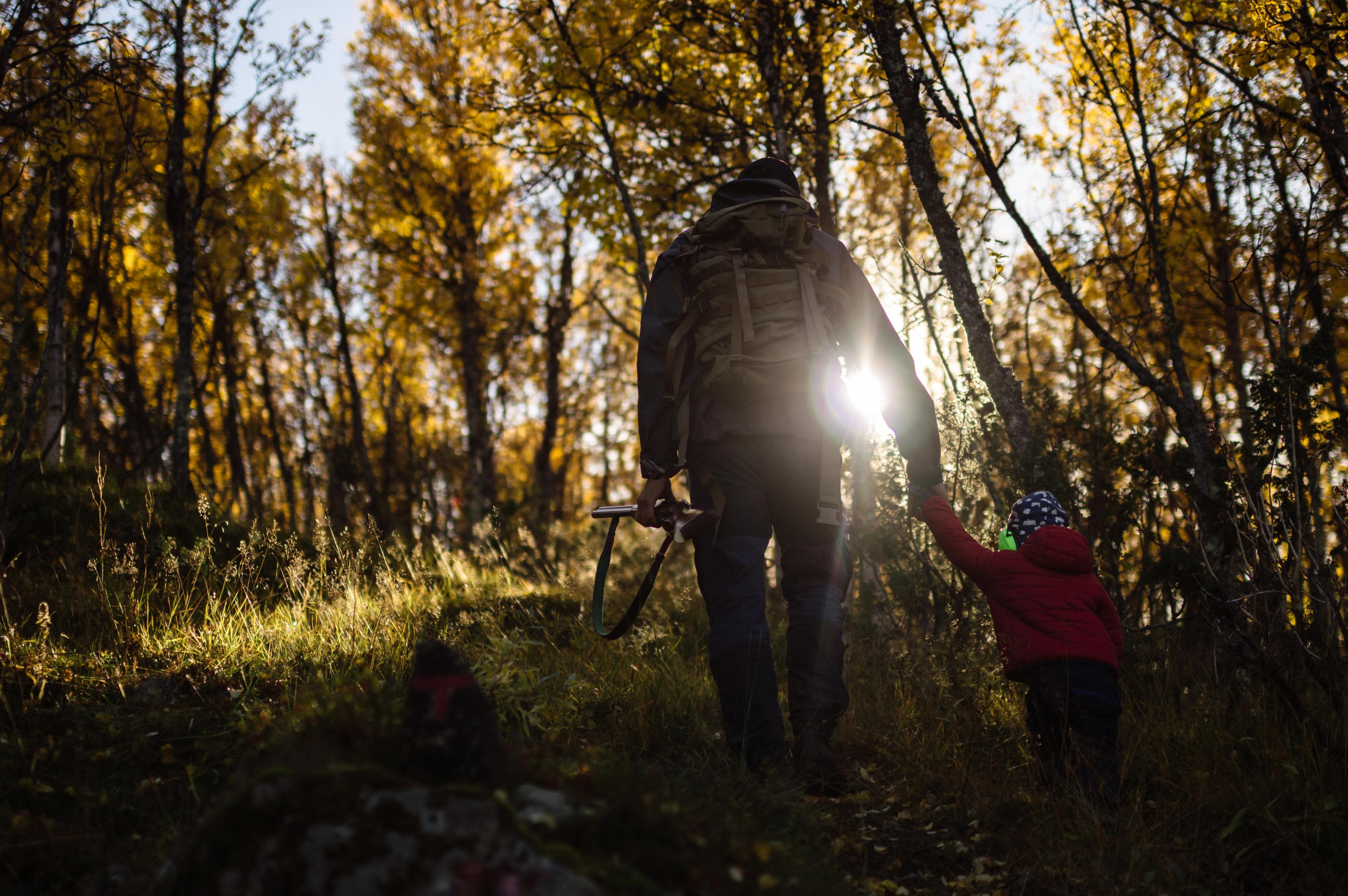 En far holder sin sønn i hånden mens de går gjennom skogen med høstsolen skinnende inn mellom grenene