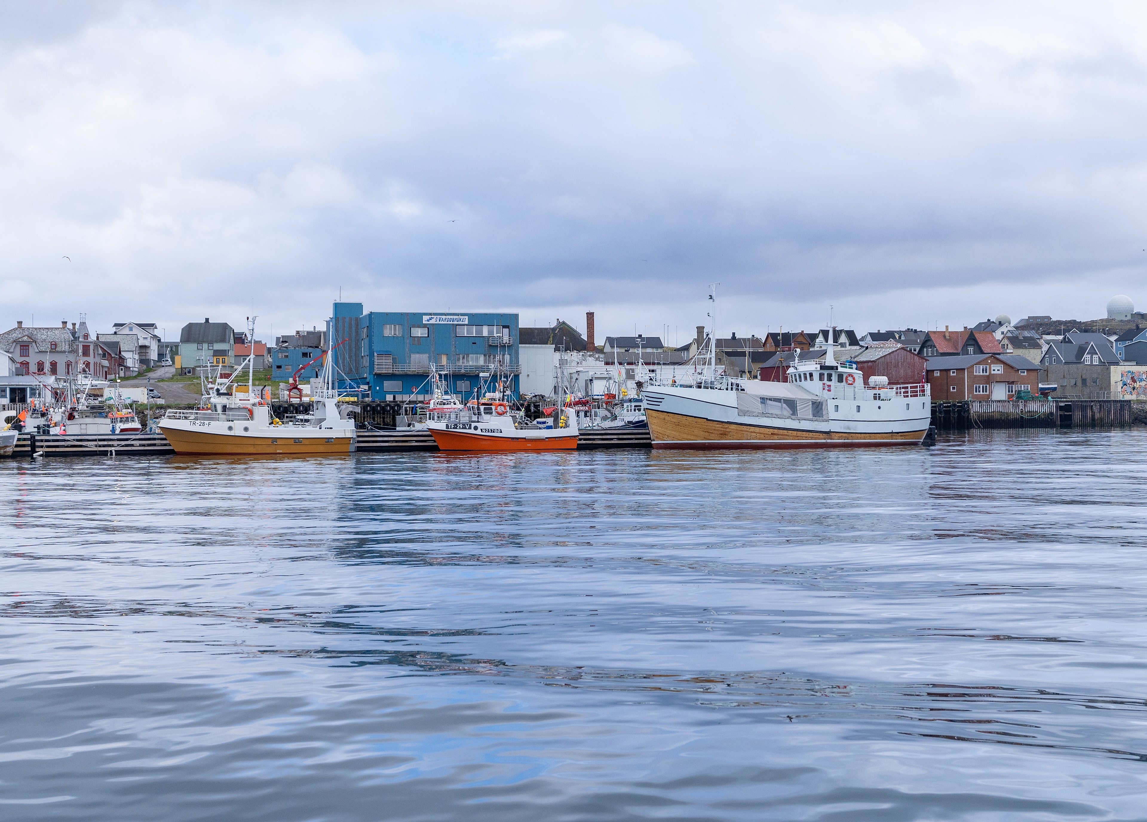 Vardø harbour from the sea, Northern Norway.