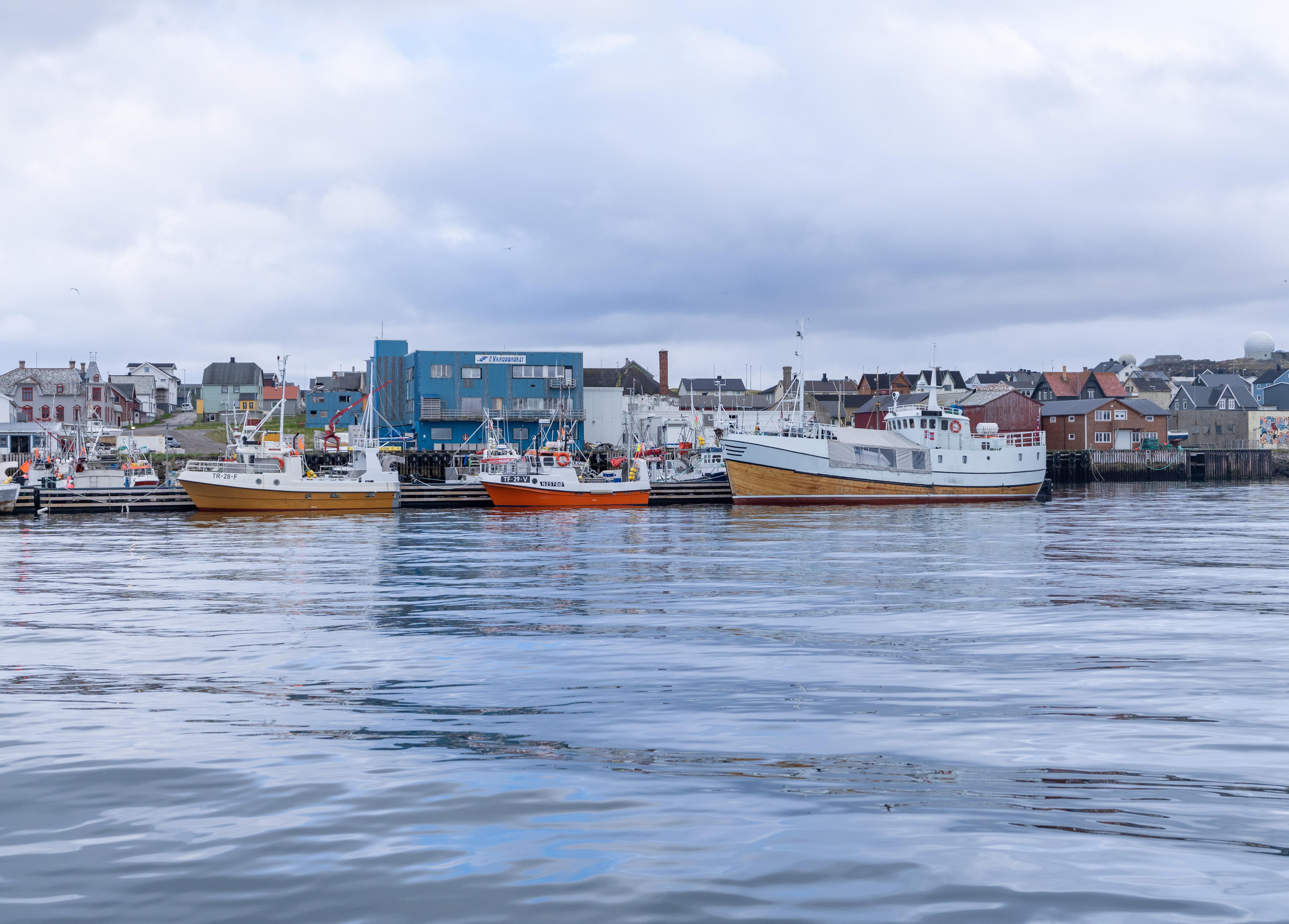 Vardø harbour from the sea, Northern Norway.