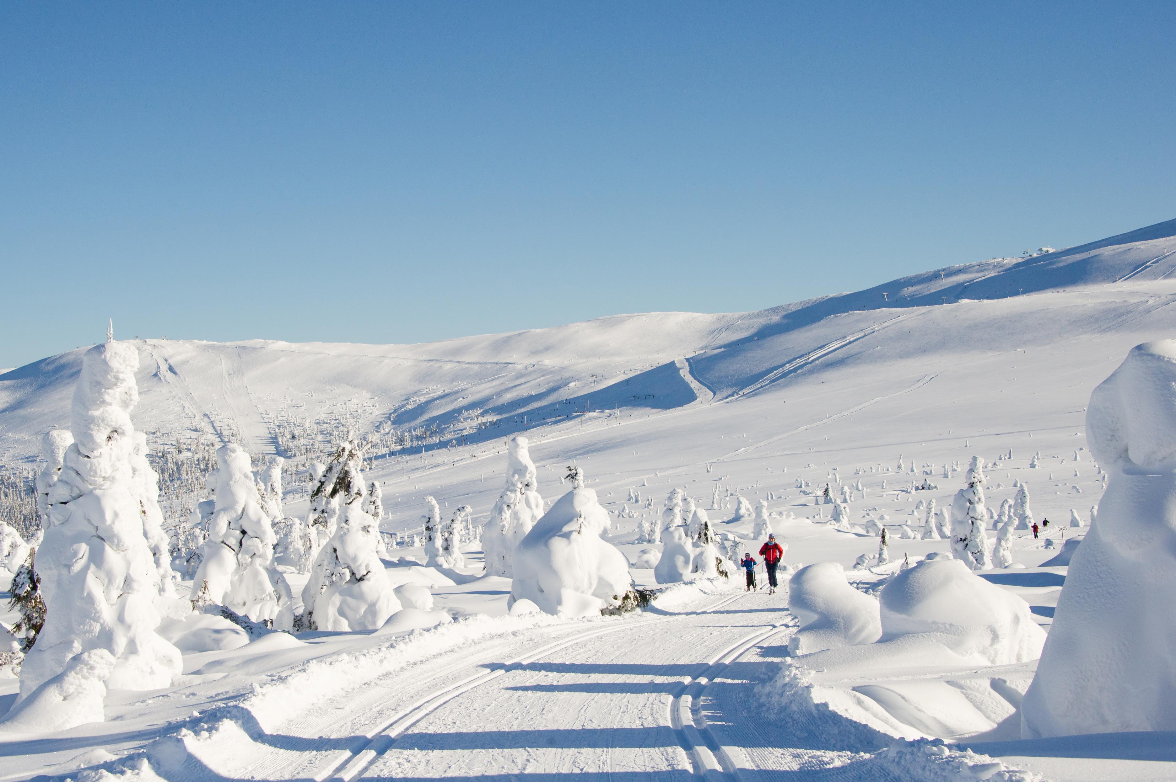 A mother and her child enjoy cross country skiing in the winter wonderland of Trysil, Eastern Norway