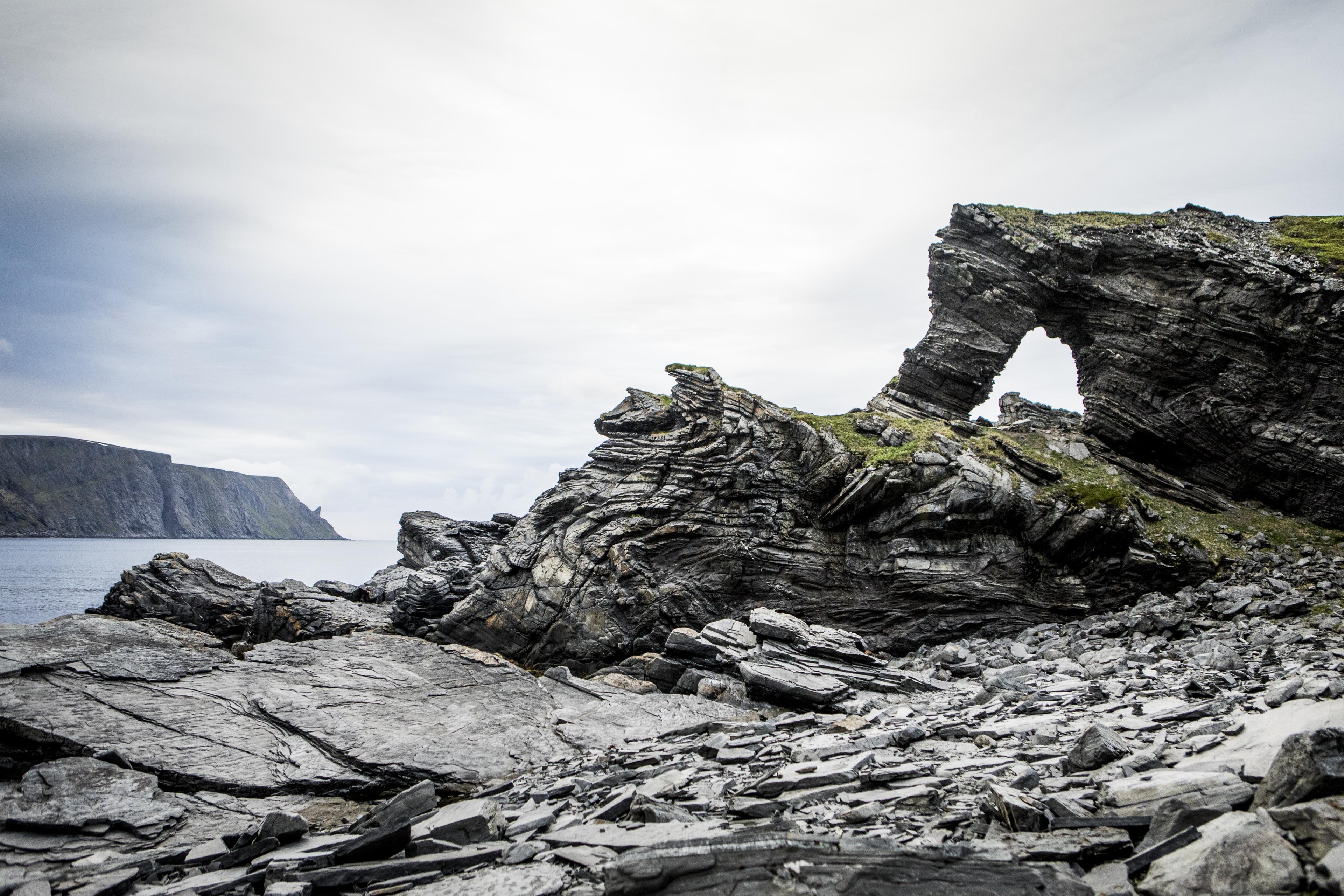 The rock formation Kirkeporten in Skarsvåg, Northern Norway