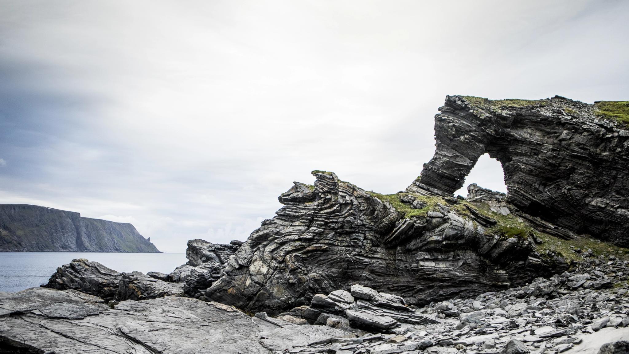 The rock formation Kirkeporten in Skarsvåg, Northern Norway