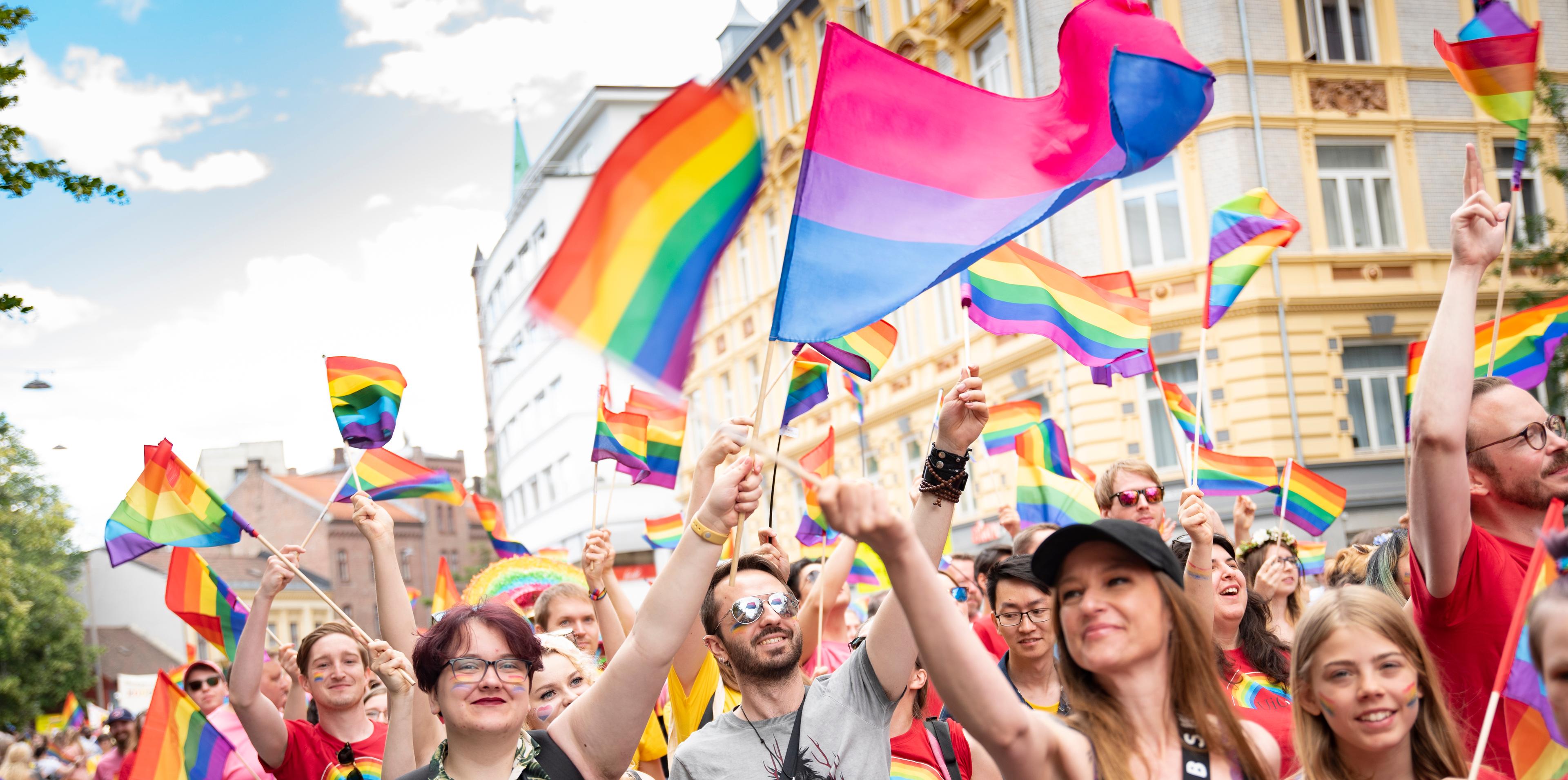 People flagging in the streets at Oslo Pride parade 2019