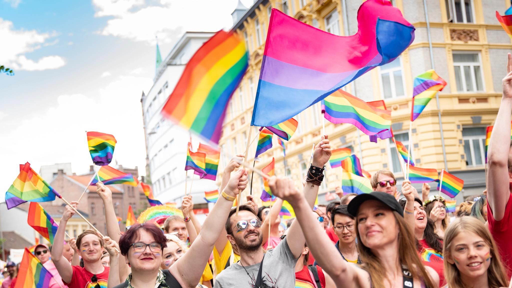 People flagging in the streets at Oslo Pride parade 2019