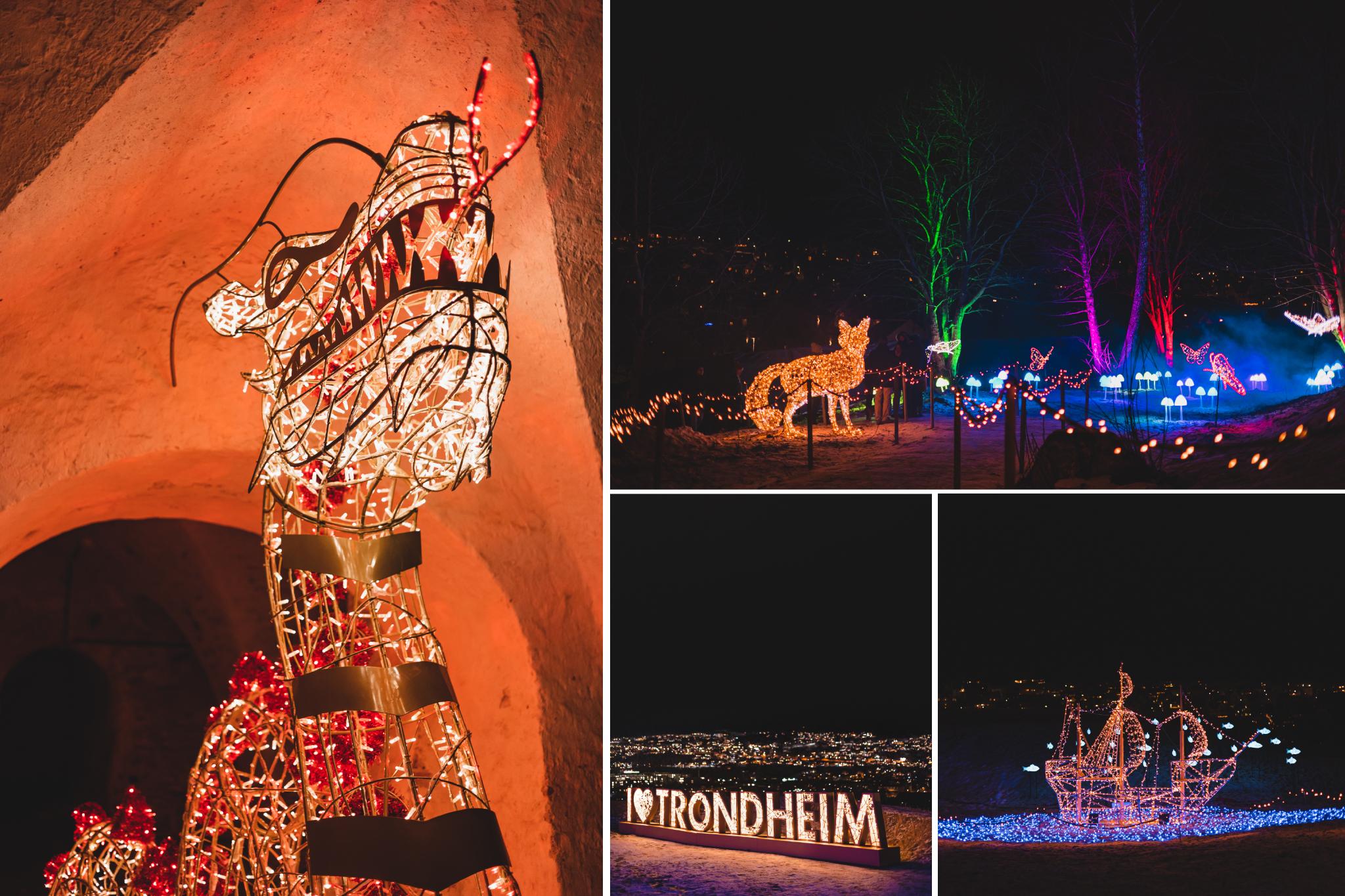 Four pictures of different light arts at Lumagica in Trondheim