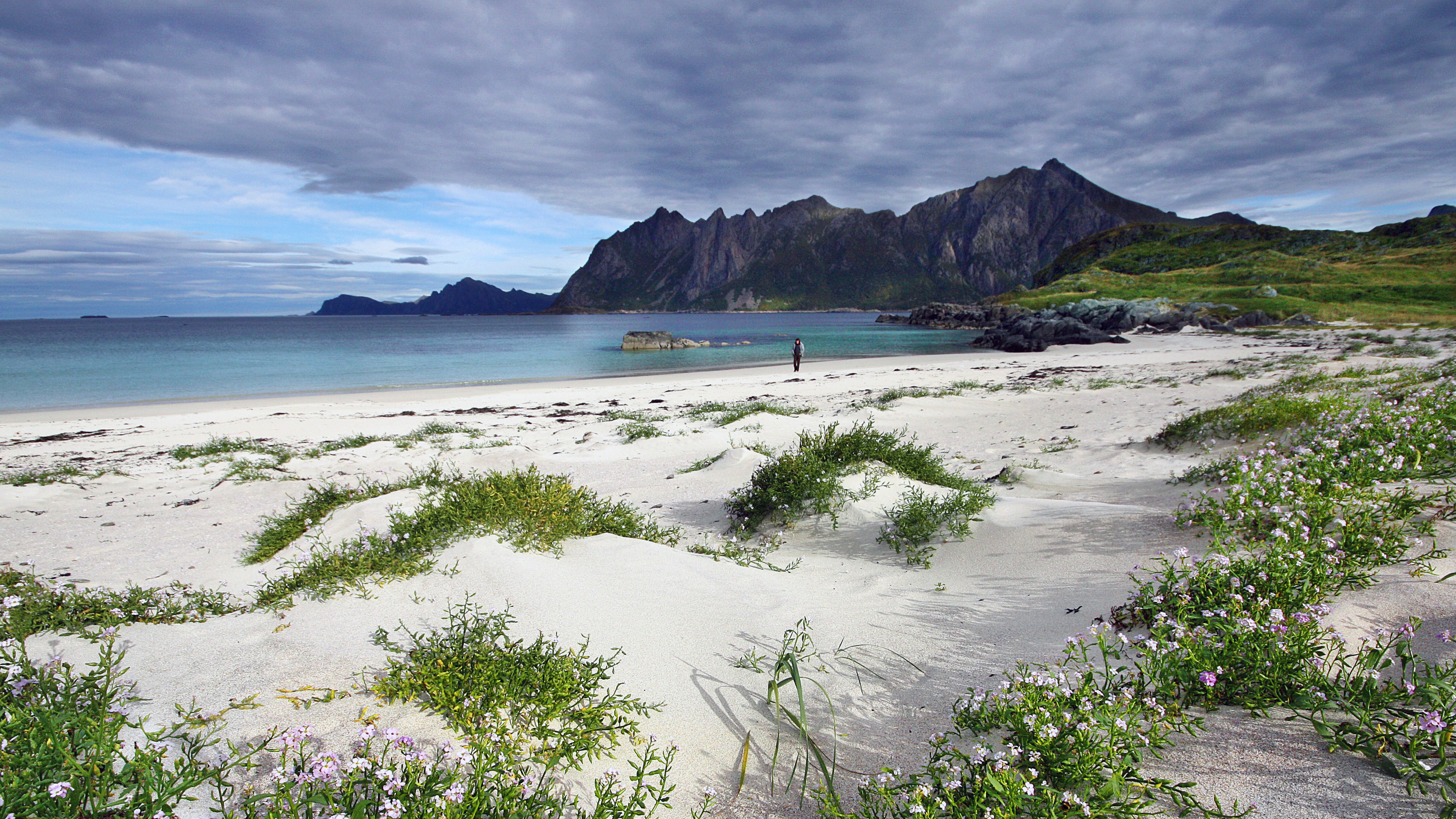 A person on the beach by the fishing village Hovden in Bø in Vesterålen, Northern Norway