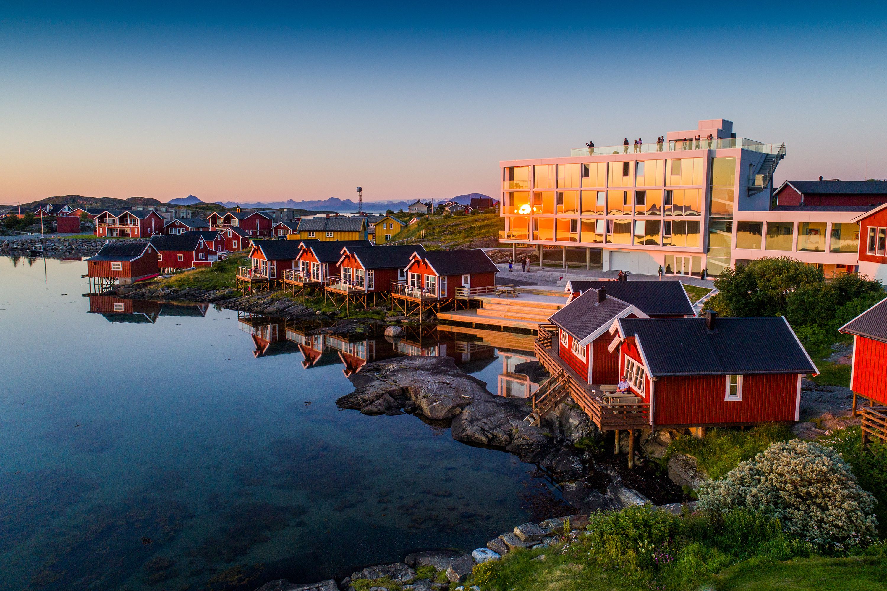 Lovund hotel and fisherman’s cabins at the island Lovund. Kystriksveien in Helgeland, Northern Norway.