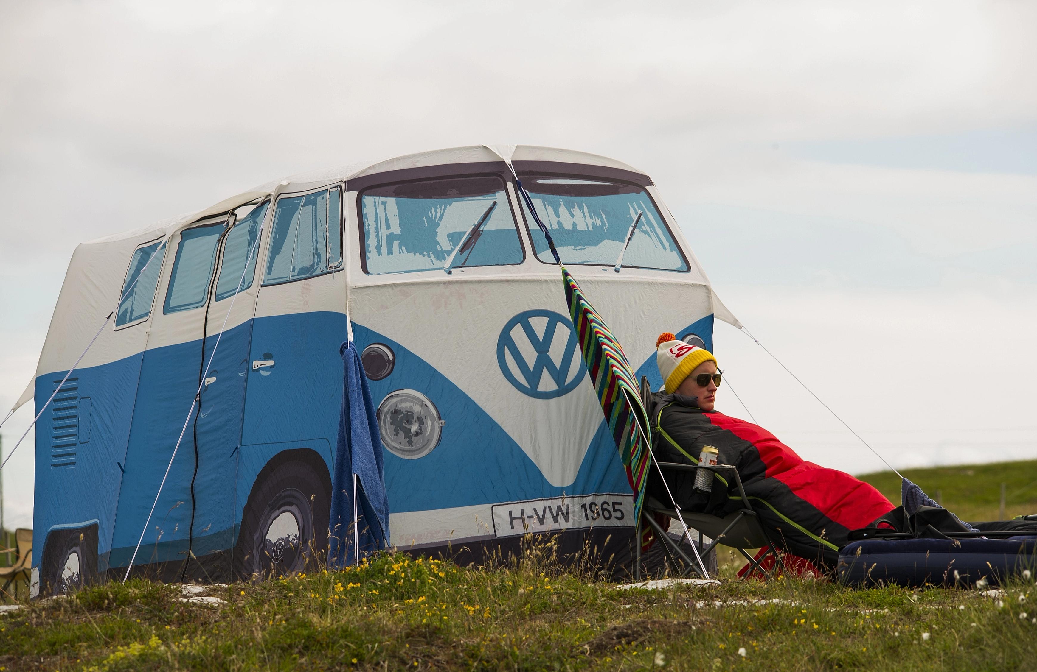 A festivalgoer near his tent at Trænafestivalen, Northern Norway