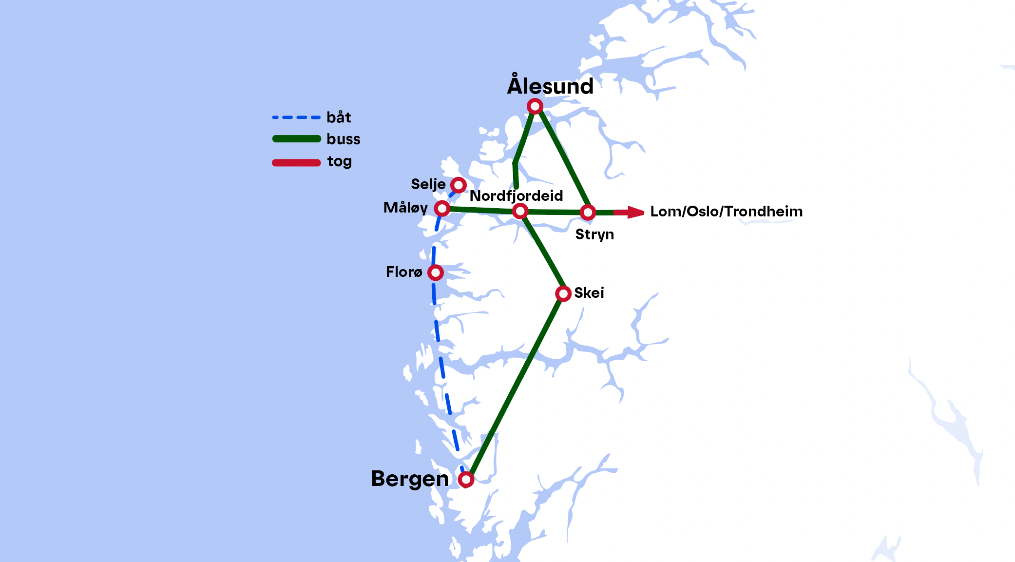 Rutekart: Bergen - Ålesund