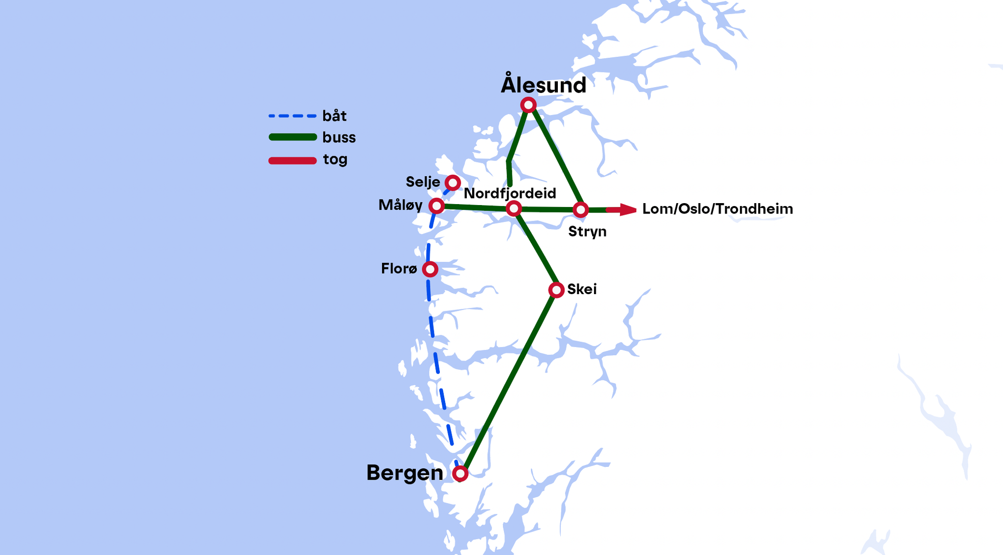 Rutekart: Bergen - Ålesund