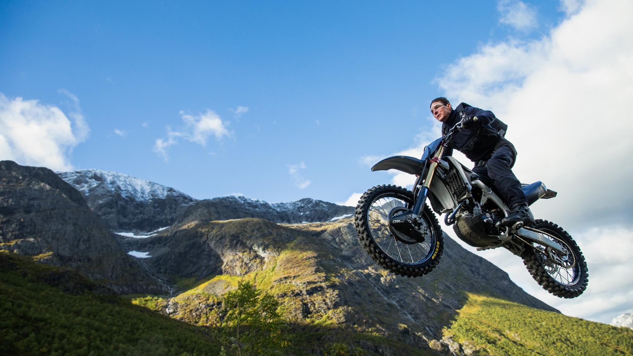 Tom Cruise riding a motorbike in Hellesylt in Sunnmøre, Fjord Norway