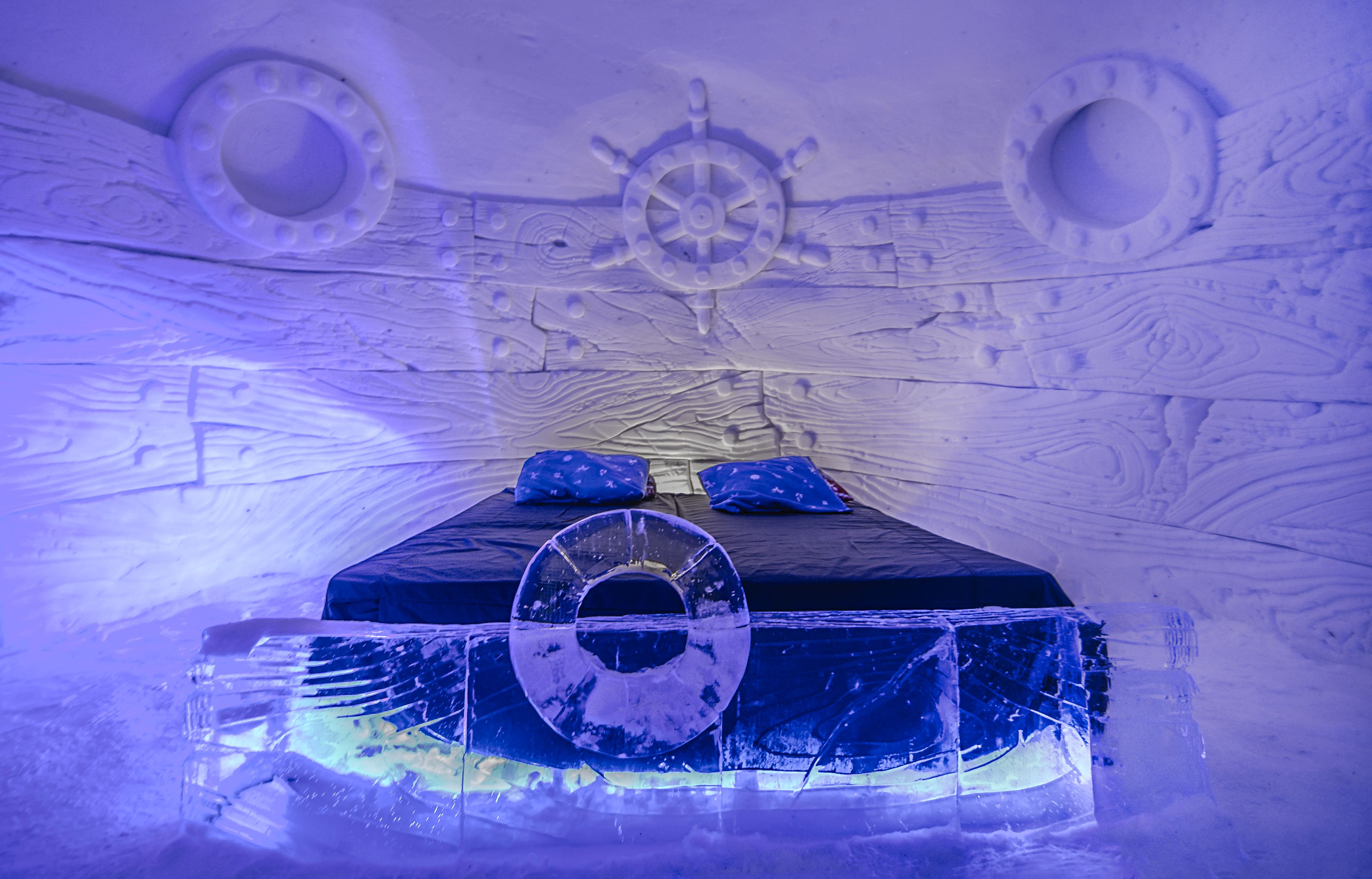 A bed inside the Snowhotel Kirkenes