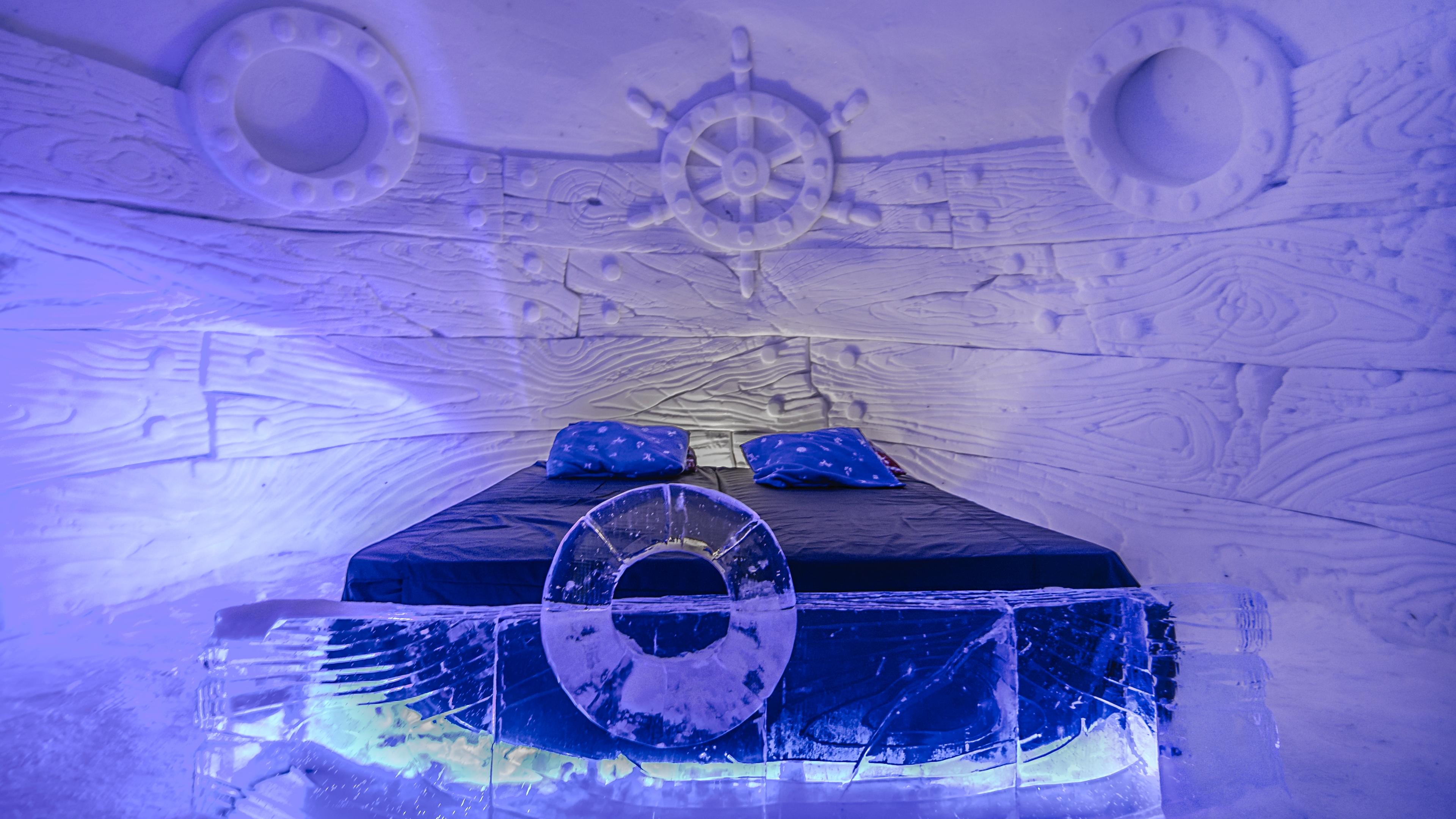 A bed inside the Snowhotel Kirkenes