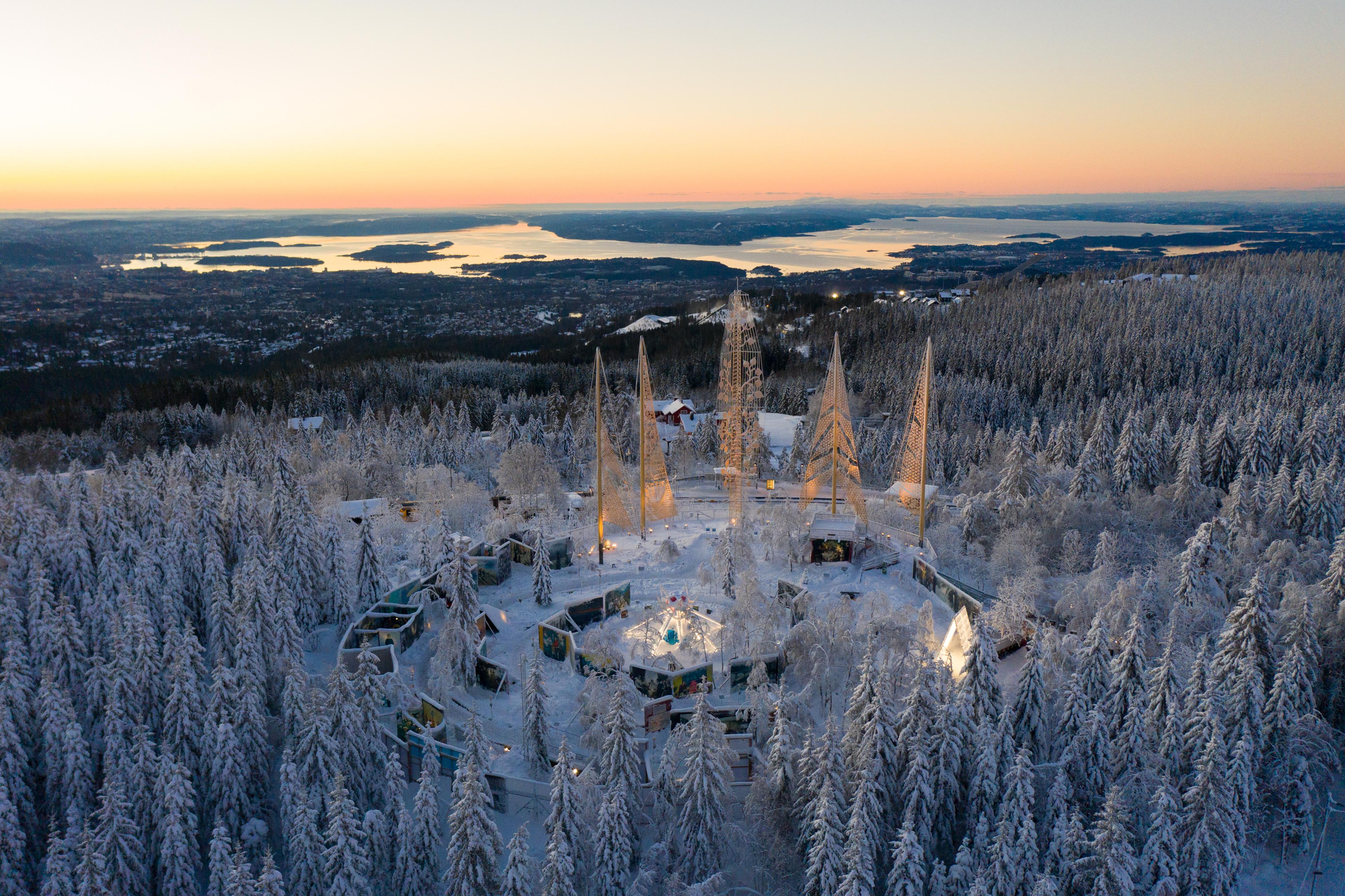 The art installation The Rose Castle on top of a snowy hill in Oslo, Eastern Norway