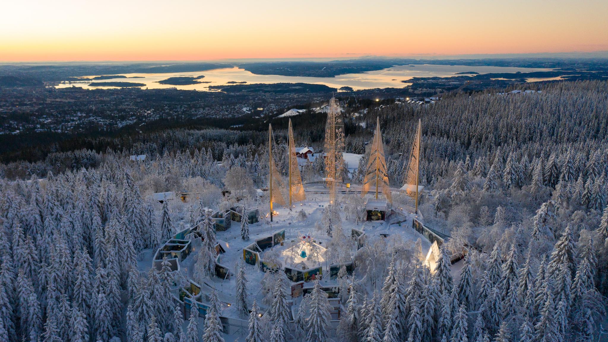 The art installation The Rose Castle on top of a snowy hill in Oslo, Eastern Norway