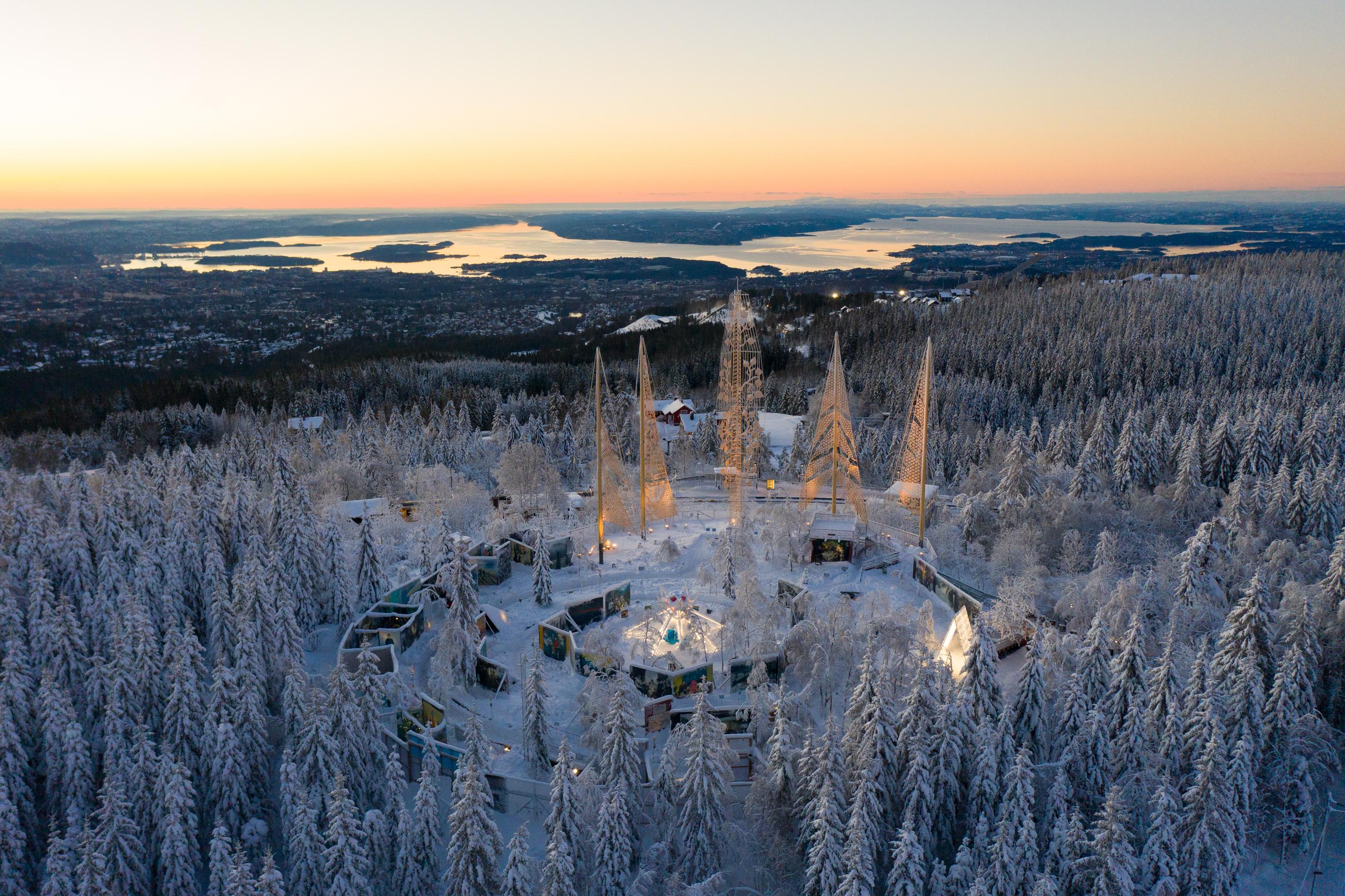 The art installation The Rose Castle on top of a snowy hill in Oslo, Eastern Norway