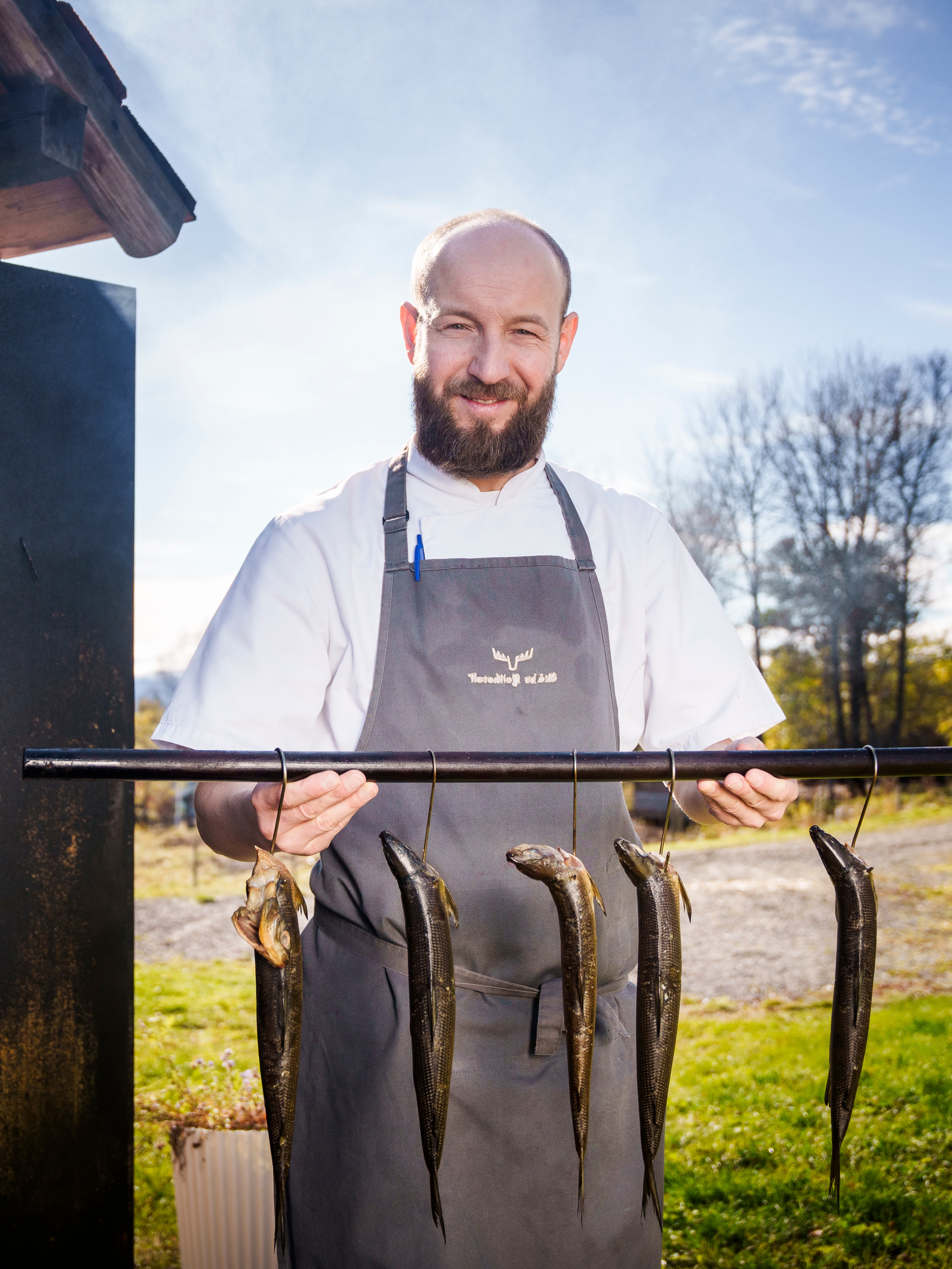 Chef Lukasz B. Socha outside of Skåbu fjellhotell, Skåbu Mountain Hotel.
