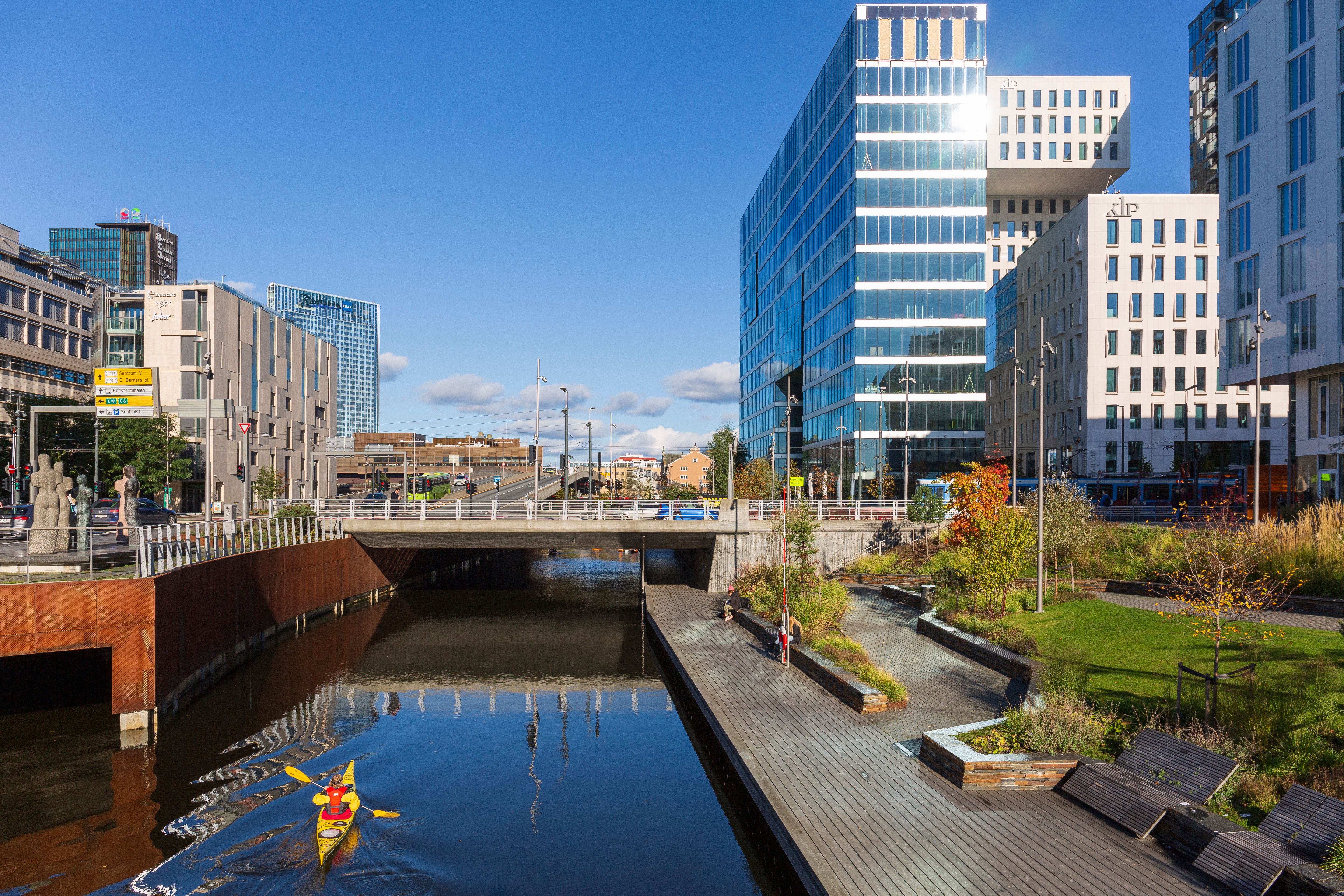 A kayak on the Akerselva river at Munch Brygge in Oslo, Norway