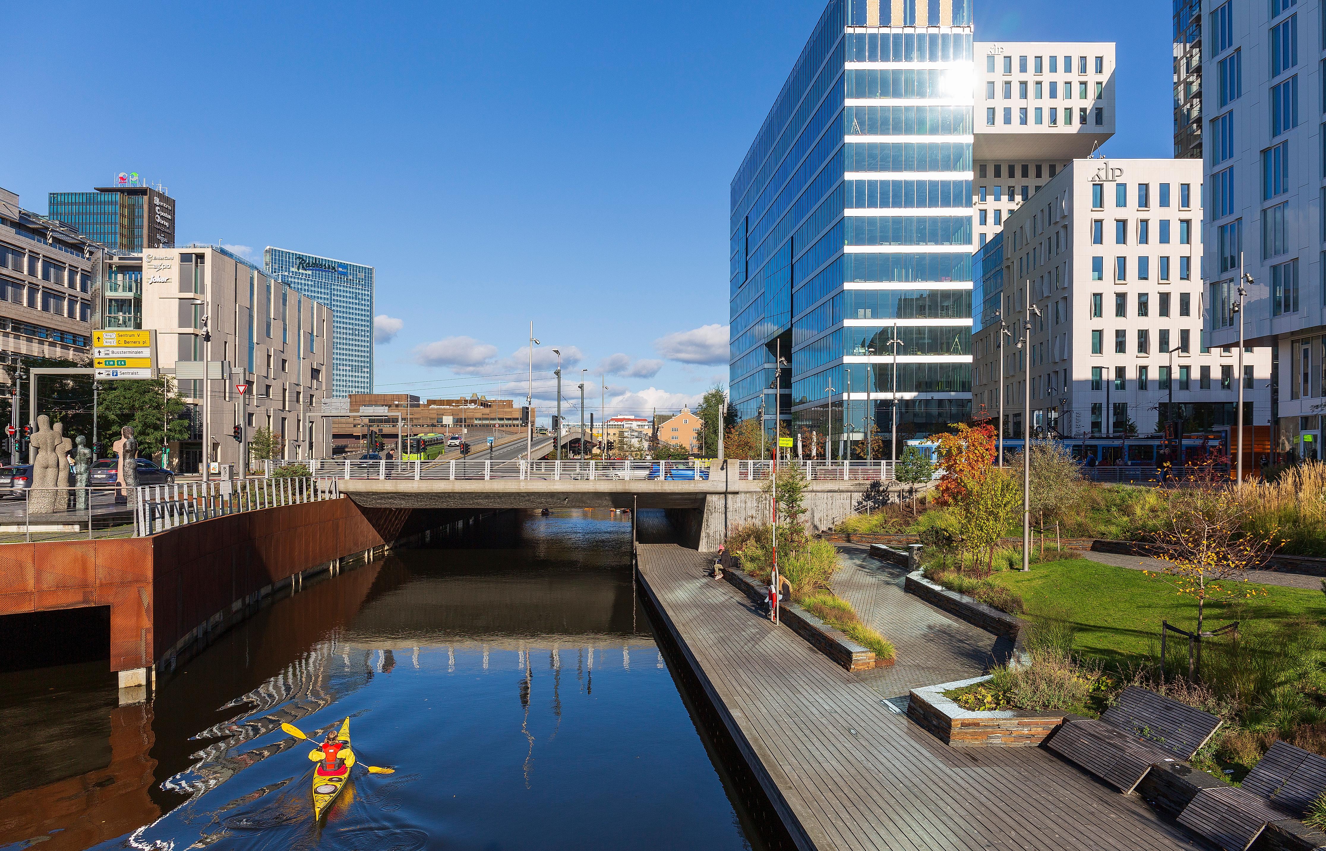 A kayak on the Akerselva river at Munch Brygge in Oslo, Norway