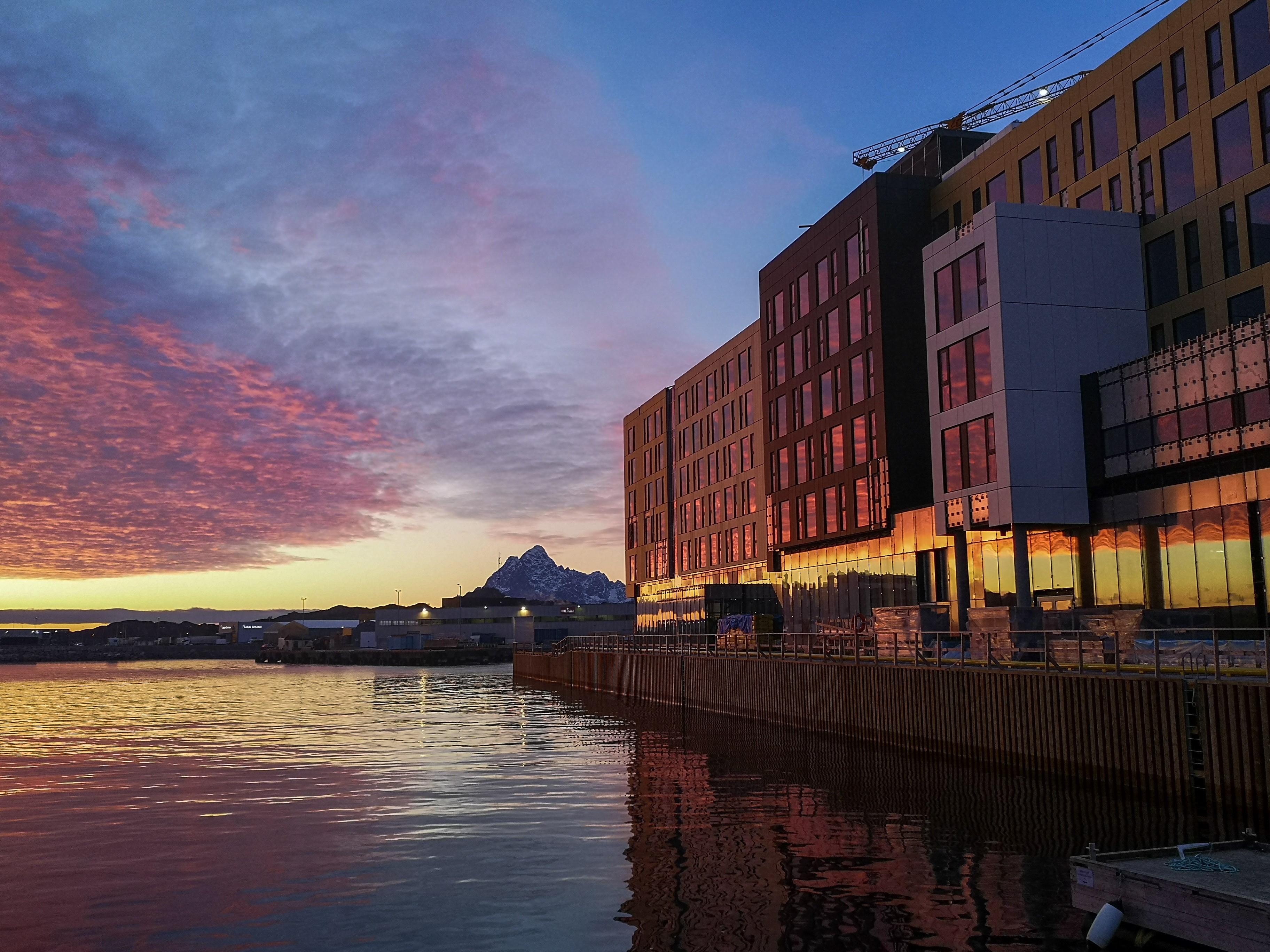 Sunset over the Thon Hotel in Svolvær in Northern Norway