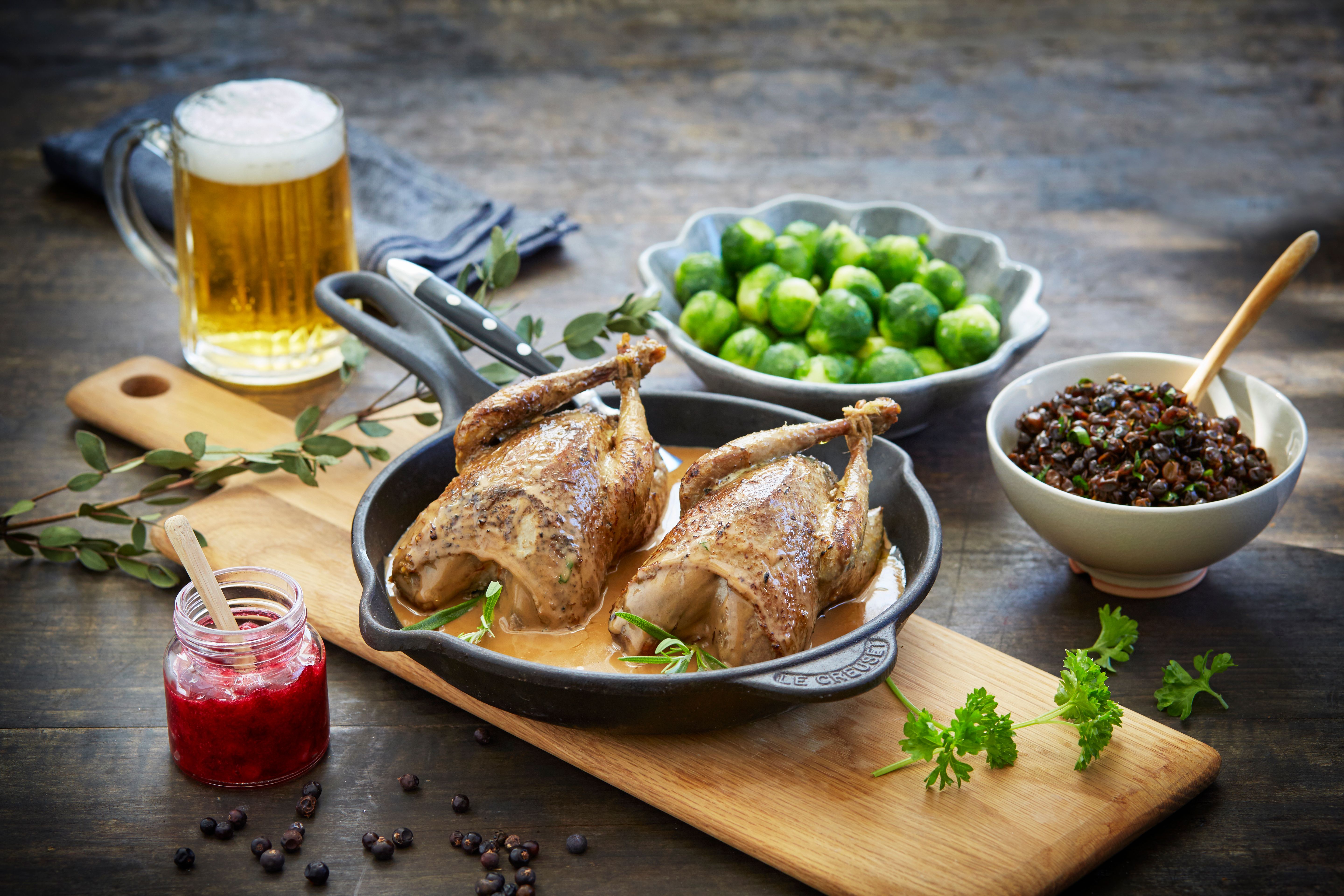 Traditional Norwegian grouse with creamed gravy, Brussels sprout, and lingonberry jam