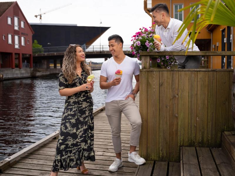 People eating ice cream on the dock in Kristiansand in Southern Norway
