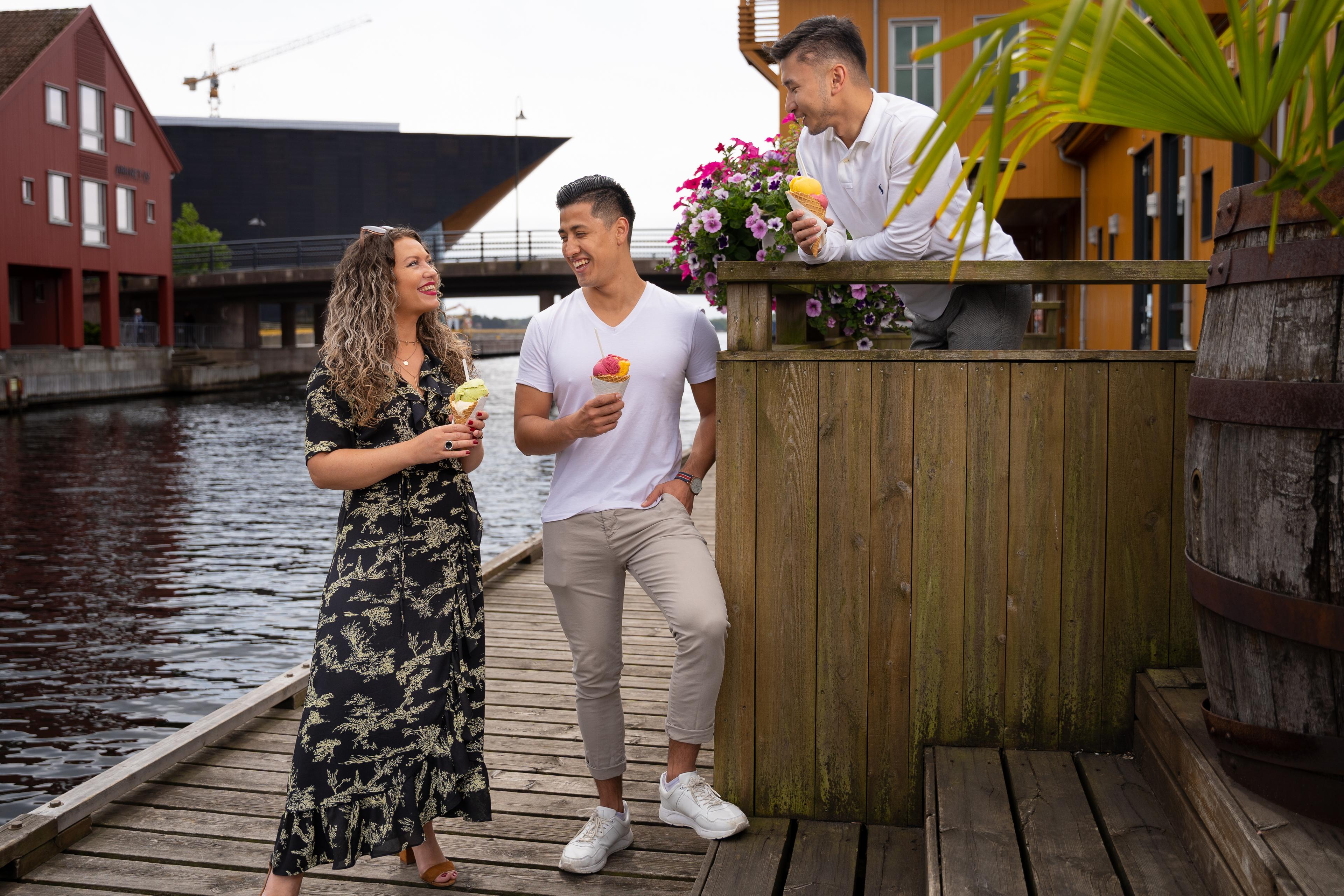 People eating ice cream on the dock in Kristiansand in Southern Norway
